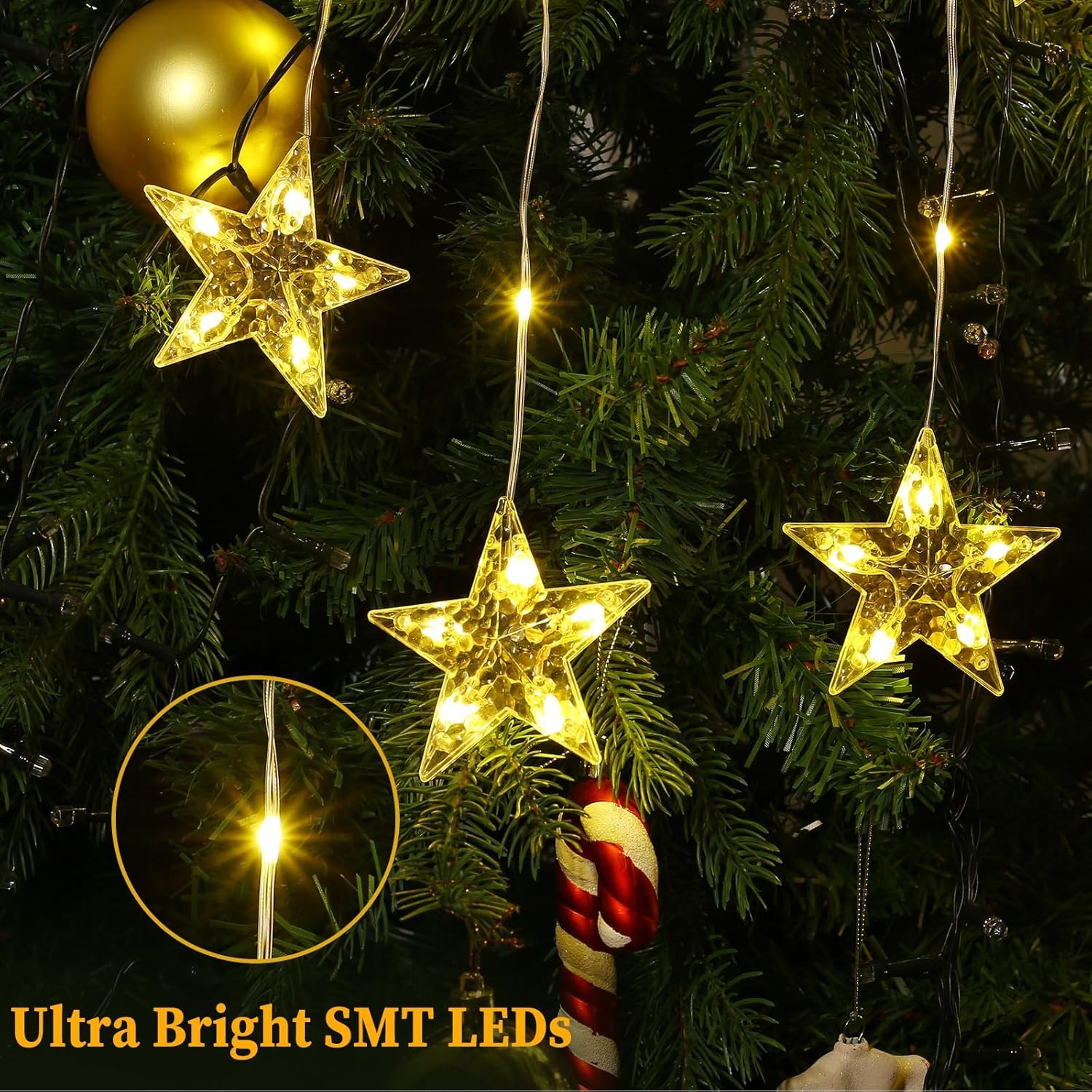 Christmas Window Lights, 76Leds 9 Star Curtain Lights, Warm White&Multicolor, Ip65 Waterproof, Timer & Memory Function,