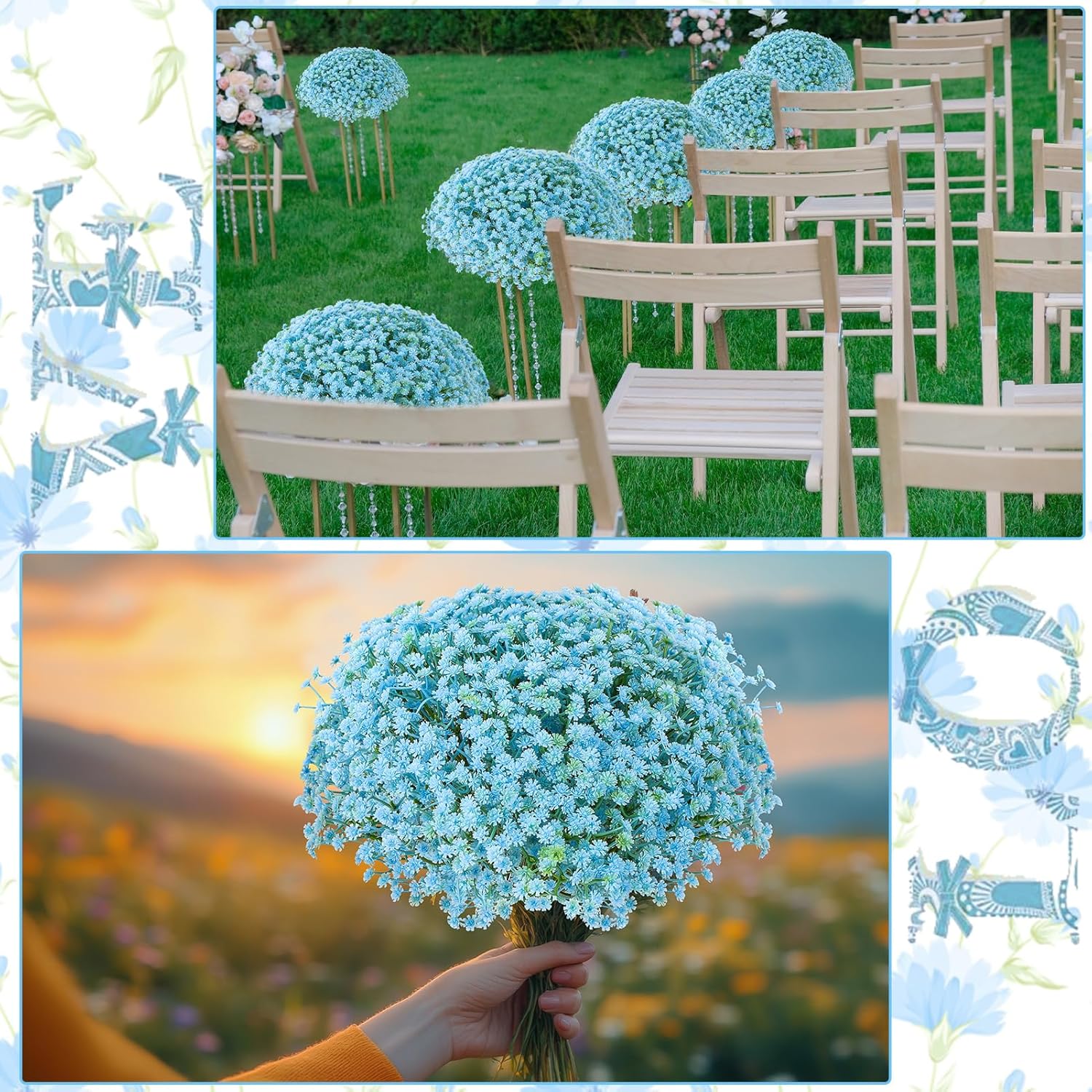120 Pcs Baby Breath Artificial Flowers Bulk Blue Baby Breath Flowers Artificial Fake Babys Breath Gypsophila Faux Babys Breath For Wedding Bouquet Home Party Decor, 11.8 Inch