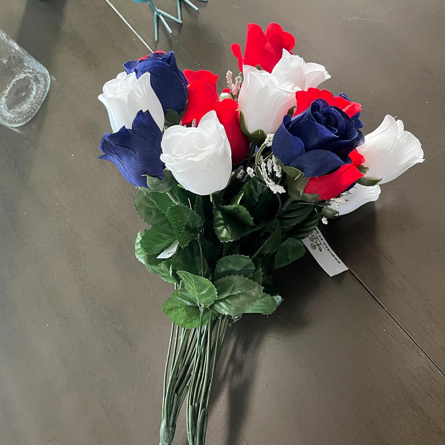 2Pcs 14 Stems Artificial Flower Rosebuds Patriotic Memorial Bouquet Cemetery Decorations For Grave, Spring Faux Flower Arrangement, Veterans, Independence Day, Red White Blue