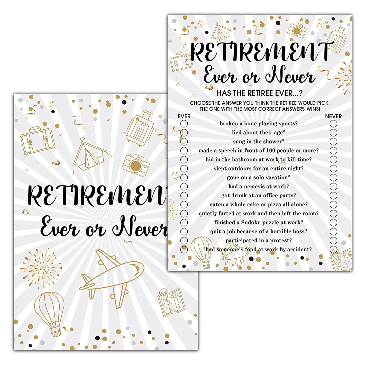 Retirement Party Games, Ever Or Never Co-Worker Retirement Party Game Card, Gold Foil Retirement Party Ideas Activities Supplies Decorations(30 Game Cards) - A02