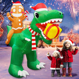 8 Ft Christmas Inflatable Gingerbread Man Ride On Dinosaur With Gift Box Outdoor Decoration Built-In Led Lights, Blow Up
