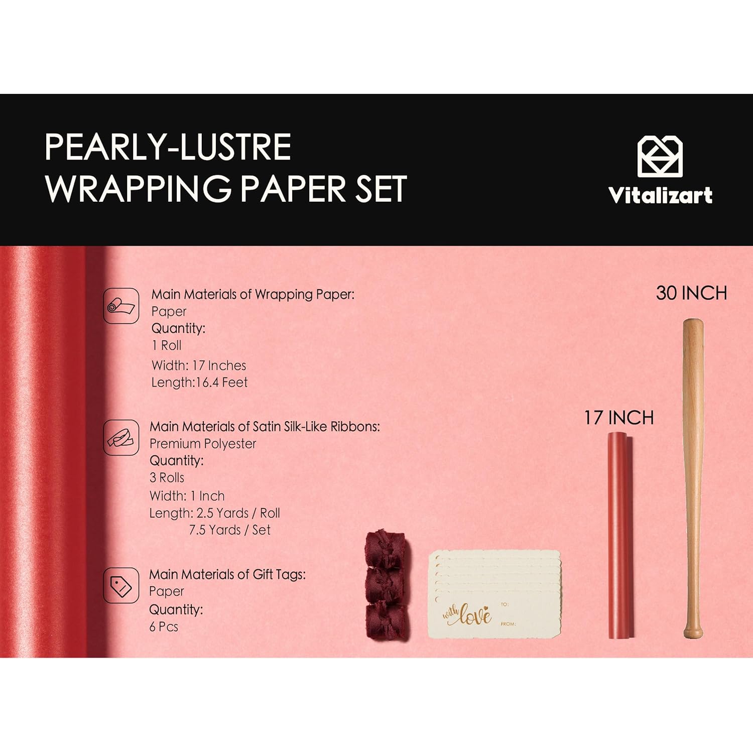 Red Wrapping Paper Set 17" Pearly-Lustre With Silk Like Satin Ribbon & Gift Tags Recyclable Christmas Gift Wrapping Birthday Baby Shower Wedding Handmade Crafts 197"(16.4 Ft)
