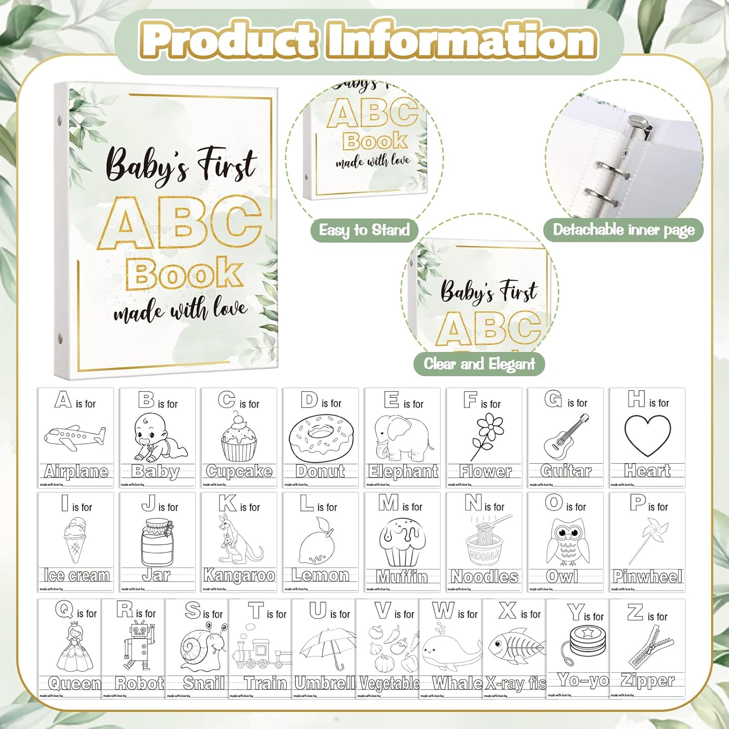 Baby Shower Game First Abc Book Baby Shower Activity Keepsake Game Abc Coloring Guest Book Alternative First Alphabet 26 Alphabet A To Z Coloring Card(Greenery)