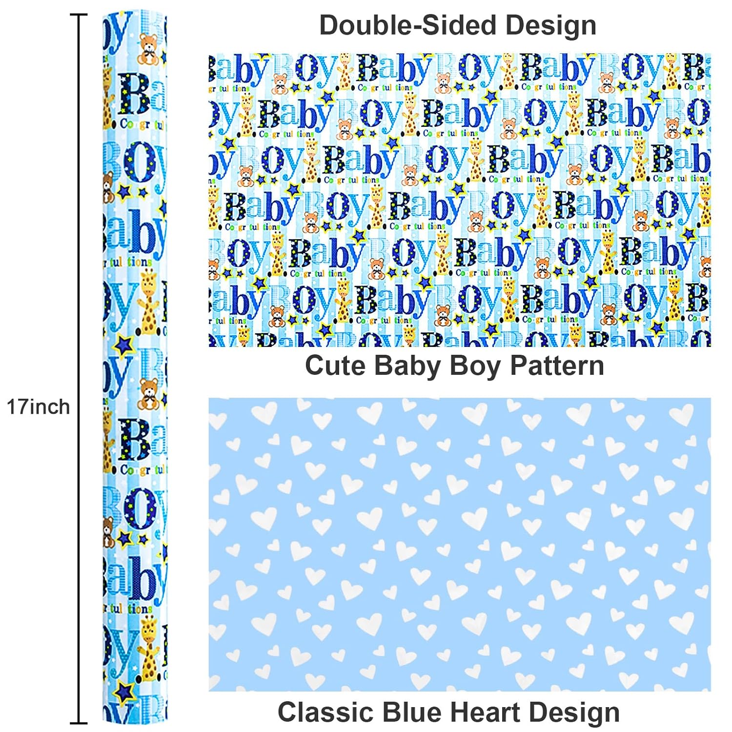 Boy Baby Shower Wrapping Paper - 17 Inch X 33 Feet - Reversible Cute Blue Baby Boy Animal Heart Theme Newborn Gift Wrap Paper For 1St Birthday, Baby Shower, Children'S Christening, New Mommy