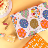 Reversible Birthday Wrapping Paper Roll For Girls Women, Happy Birthday Lettering, Orange Flower Balloon Design, Mini Roll, 17 Inches X 32.8 Feet (46.45 Sq.Ft.)