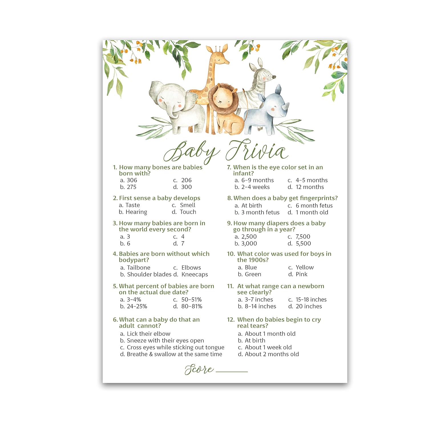 Safari Animals Baby Shower Games — Baby Trivia Game — Pack Of 25, Country Rustic Jungle Theme, Welcome To The Wild Shower Gender Neutral Fun Baby Facts Game Couples Shower Activity G550-Trv