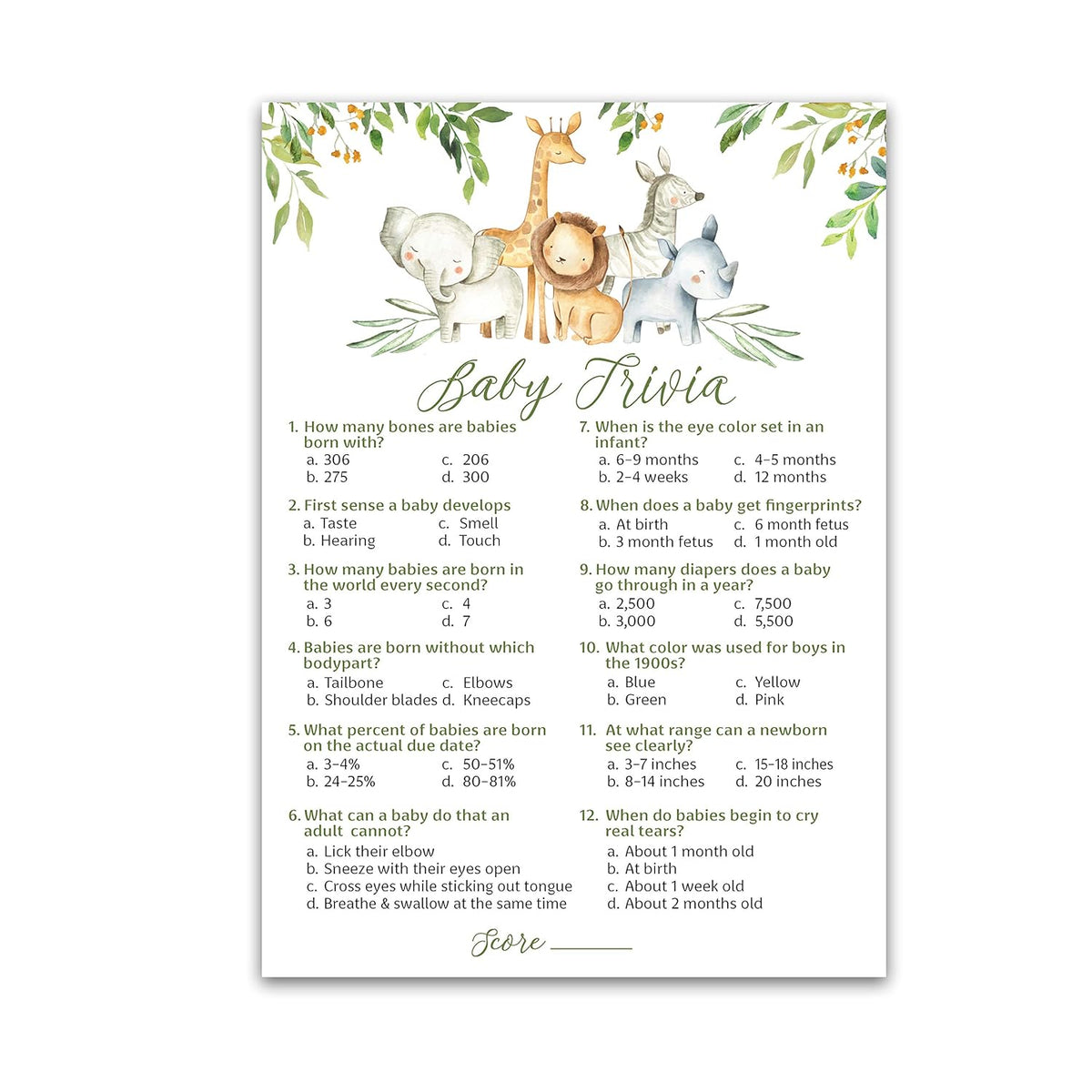Safari Animals Baby Shower Games — Baby Trivia Game — Pack Of 25, Country Rustic Jungle Theme, Welcome To The Wild Shower Gender Neutral Fun Baby Facts Game Couples Shower Activity G550-Trv