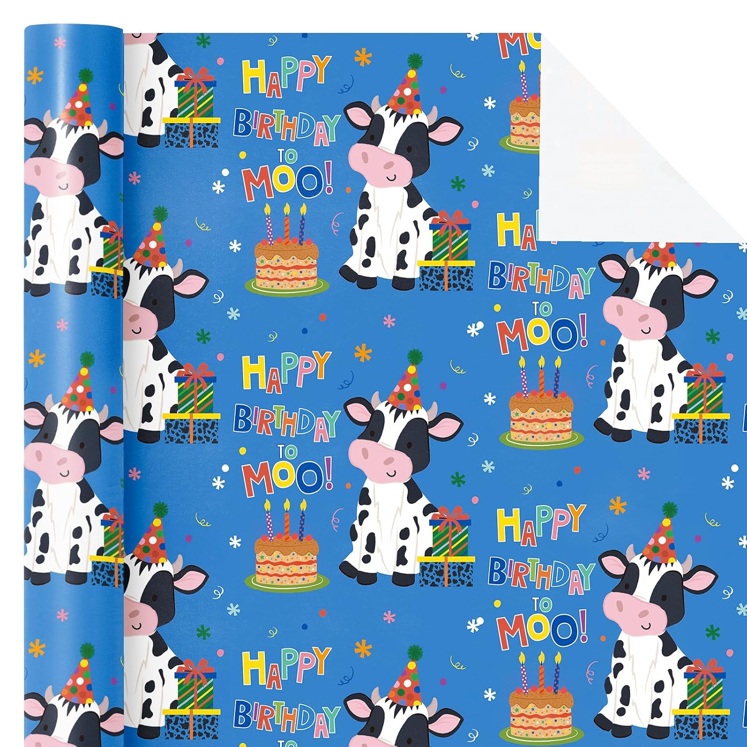 Cow Birthday Wrapping Paper Roll - Mini Roll - 17 Inch X 16.5 Feet - Cow Wrapping Paper With Cakes And Happy Birthday Moo Design Perfect For Girls Boy Kids, Baby Shower