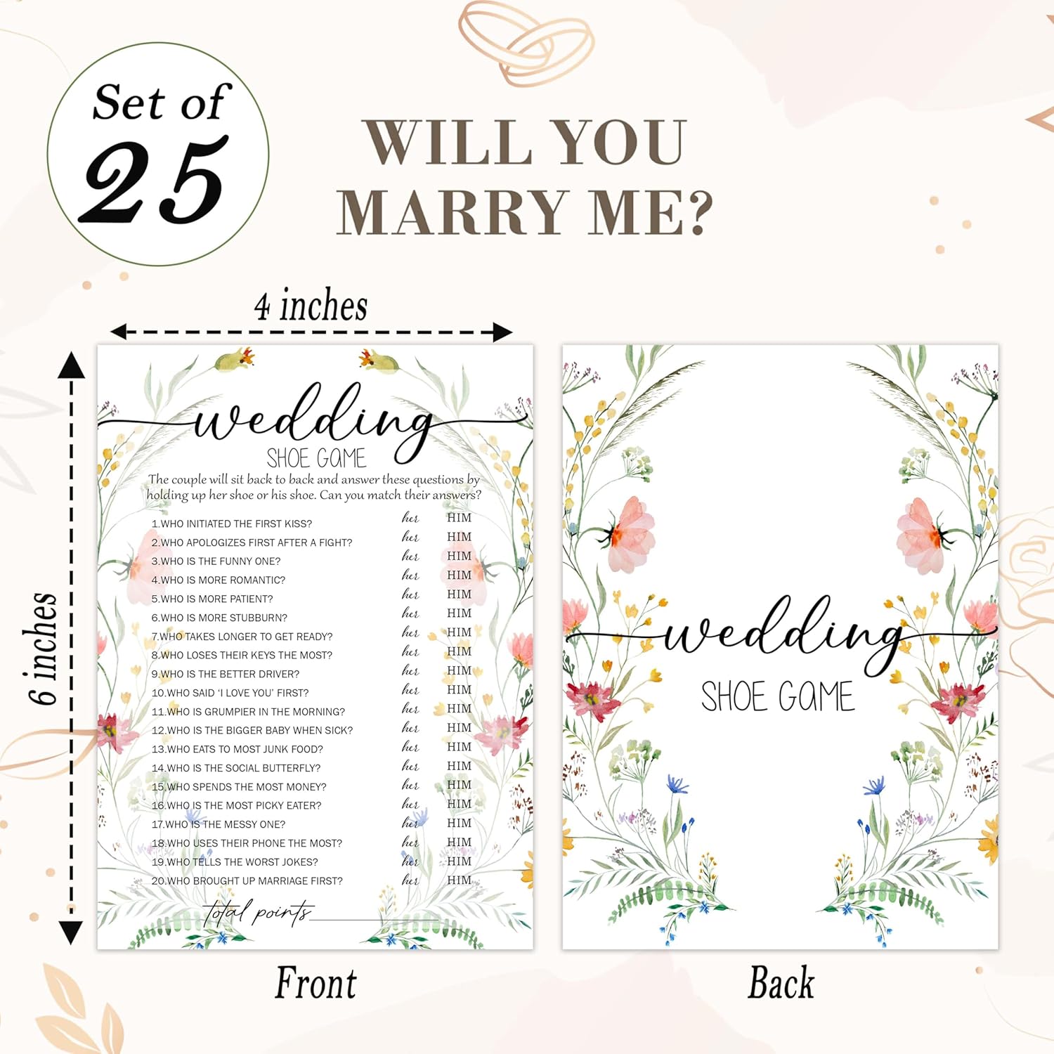 Wildflowers Bridal Shower Games, Floral Wedding Shoe Game, 25 Elegant Wedding Activity For Bachelorette Engagement Party Supplies Favors - C01