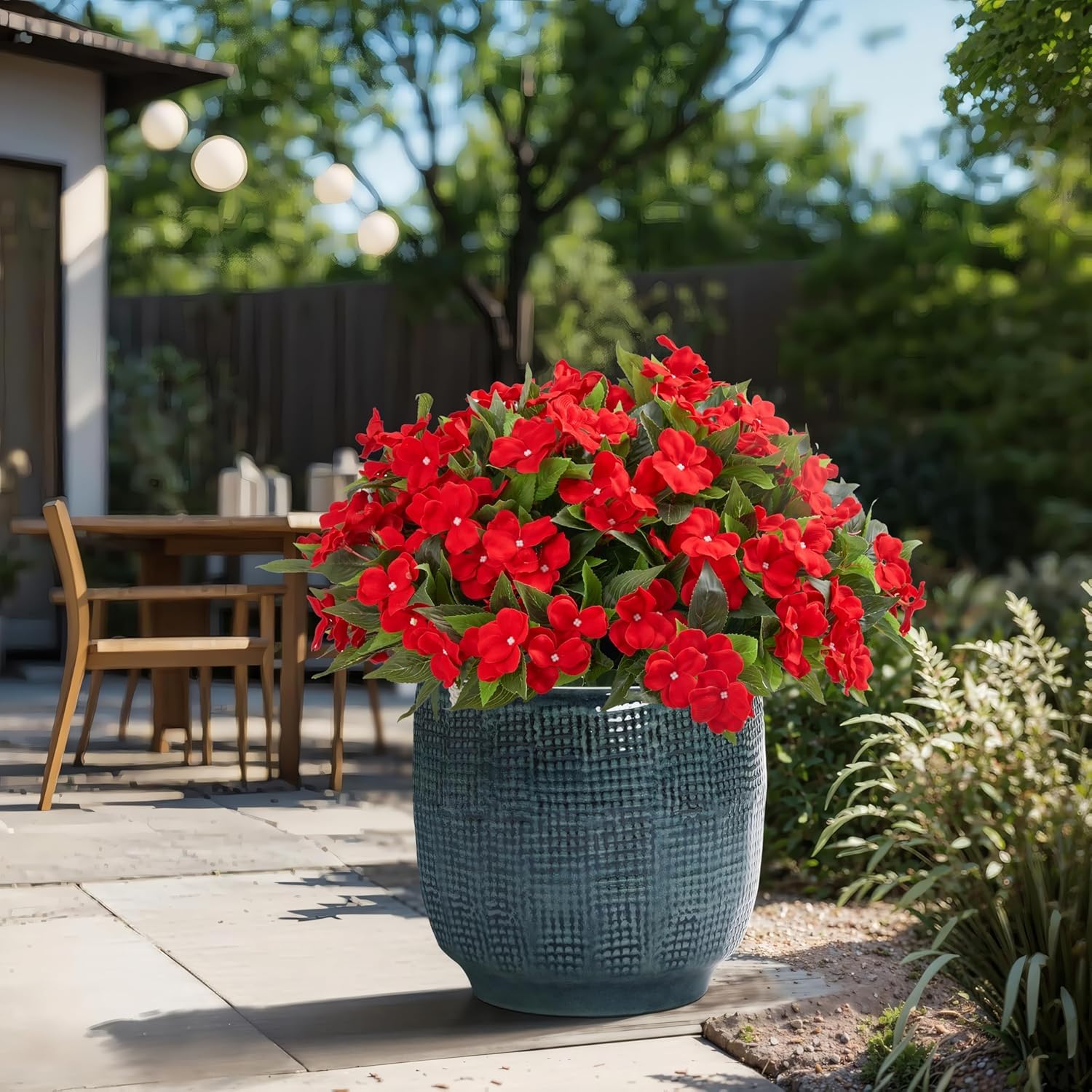 Artificial Red Impatiens Flowers For Outdoors, Uv Resistant Faux Bushes, 15.74 Inches, 4 Bundles, Spring Summer Patio Garden Decor
