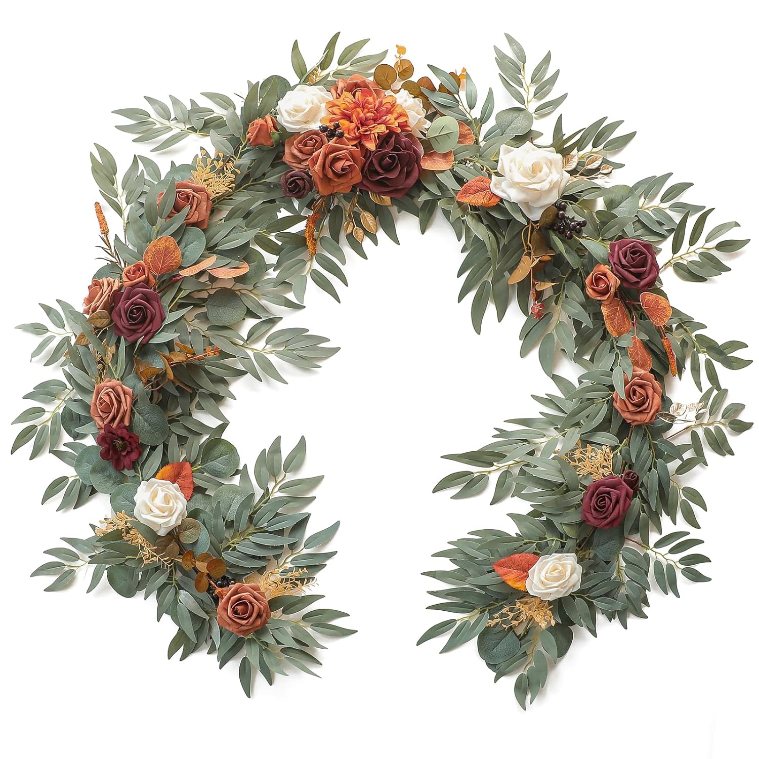 6Ft Artificial Eucalyptus Garland With Flowers Fake Greenery Burnt Orange Faux Floral Vine Garland For Table Decor Wedding Centerpieces Bridal Shower Party Decorations, Terracotta