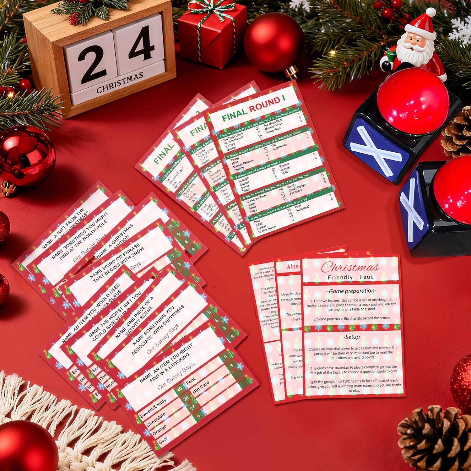 Christmas Friendly Feud Game With 2 Answer Buzzers, Fun Family Christmas Party Games For Adults Xmas Feud Card Trivia Quiz Activities For Holiday Party Family Office Group Team Building