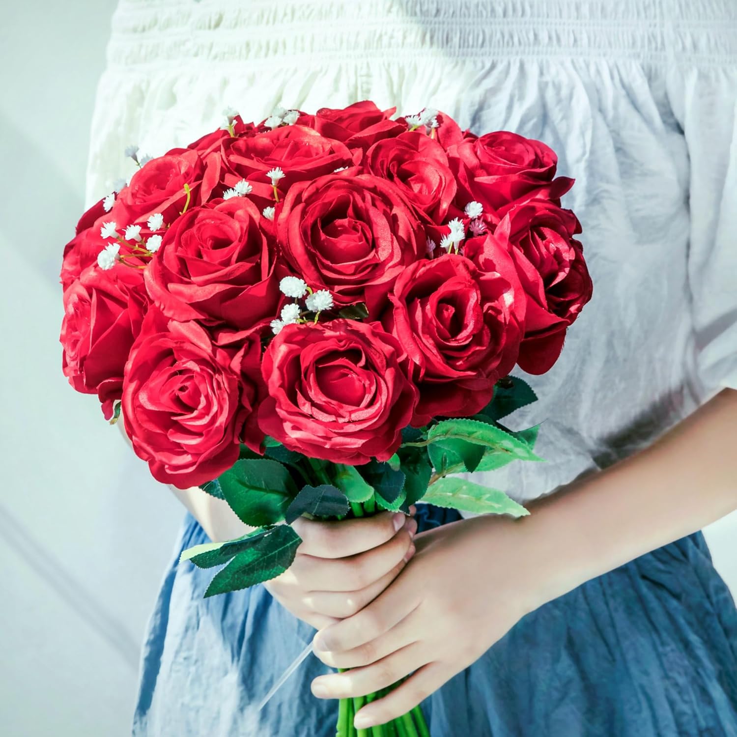 10Pcs Artificial Roses Flowers, Realistic Blossom Roses, Real Touch Silk Rose, Single Fake Flower Long Stem Bouquets For Home Wedding Party Decoration