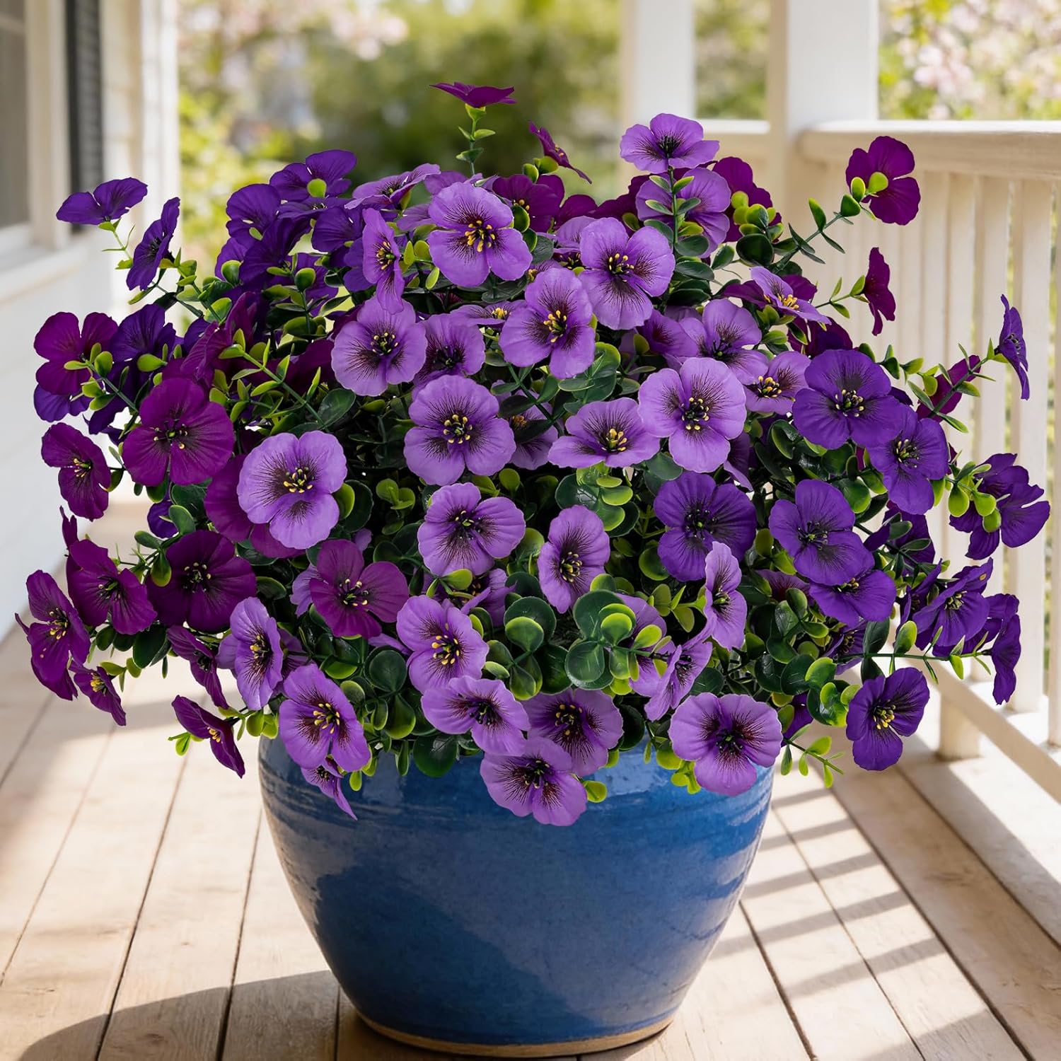 17 Inch Artificial Faux Pansy Flowers For Outdoor,Fake Pansies Flowers With Eucalyptus Leaves Fake Plants Greenery Boxwood Porch Patio Decor 6 Bundles(Dark Purple,Lotus Purple,Light Purple)