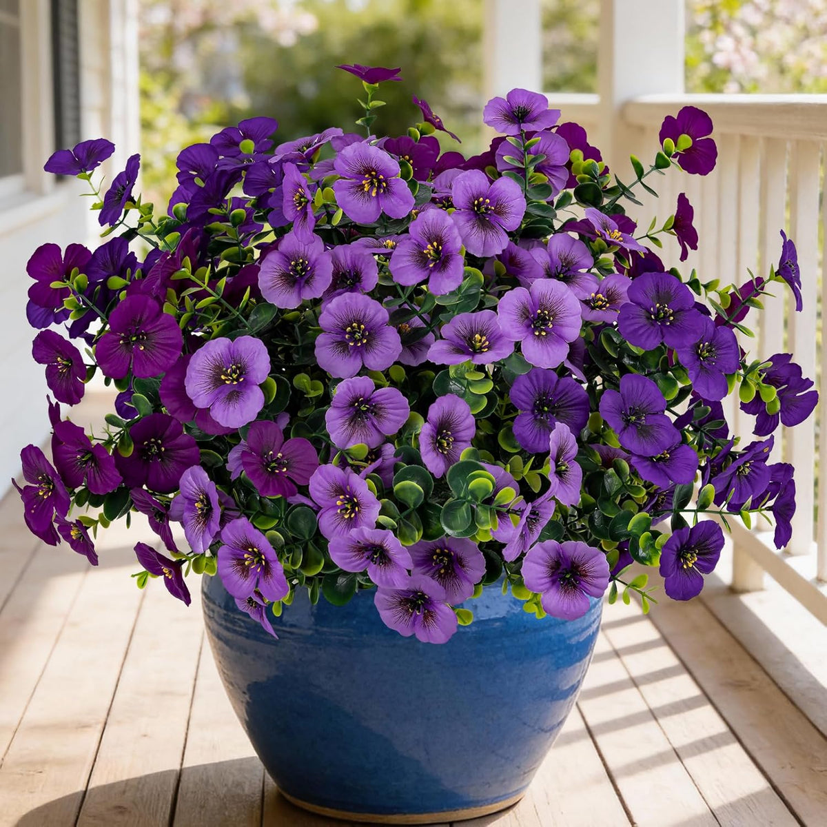 17 Inch Artificial Faux Pansy Flowers For Outdoor,Fake Pansies Flowers With Eucalyptus Leaves Fake Plants Greenery Boxwood Porch Patio Decor 6 Bundles(Dark Purple,Lotus Purple,Light Purple)