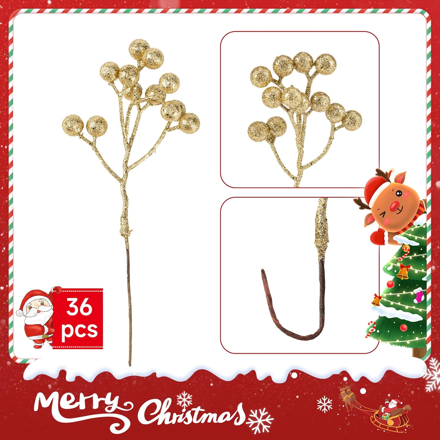 36 Pack Artificial Berry Stems 7 Inch Gold Holly Berry Picks For Christmas Tree Decoration Wreath Crafts Wedding Gift,Holiday Season,Winter Decor