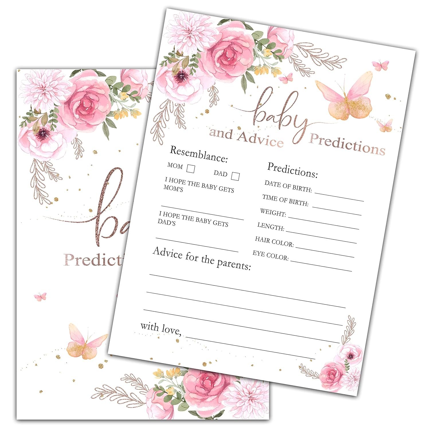 Butterfly Baby Shower Game, Baby Predictions And Advice Cards Party Game, Blush Pink Floral Theme Gender Reveal Party Games, Baby Shower Party Activities & Decorations -30 Game Cards(02)