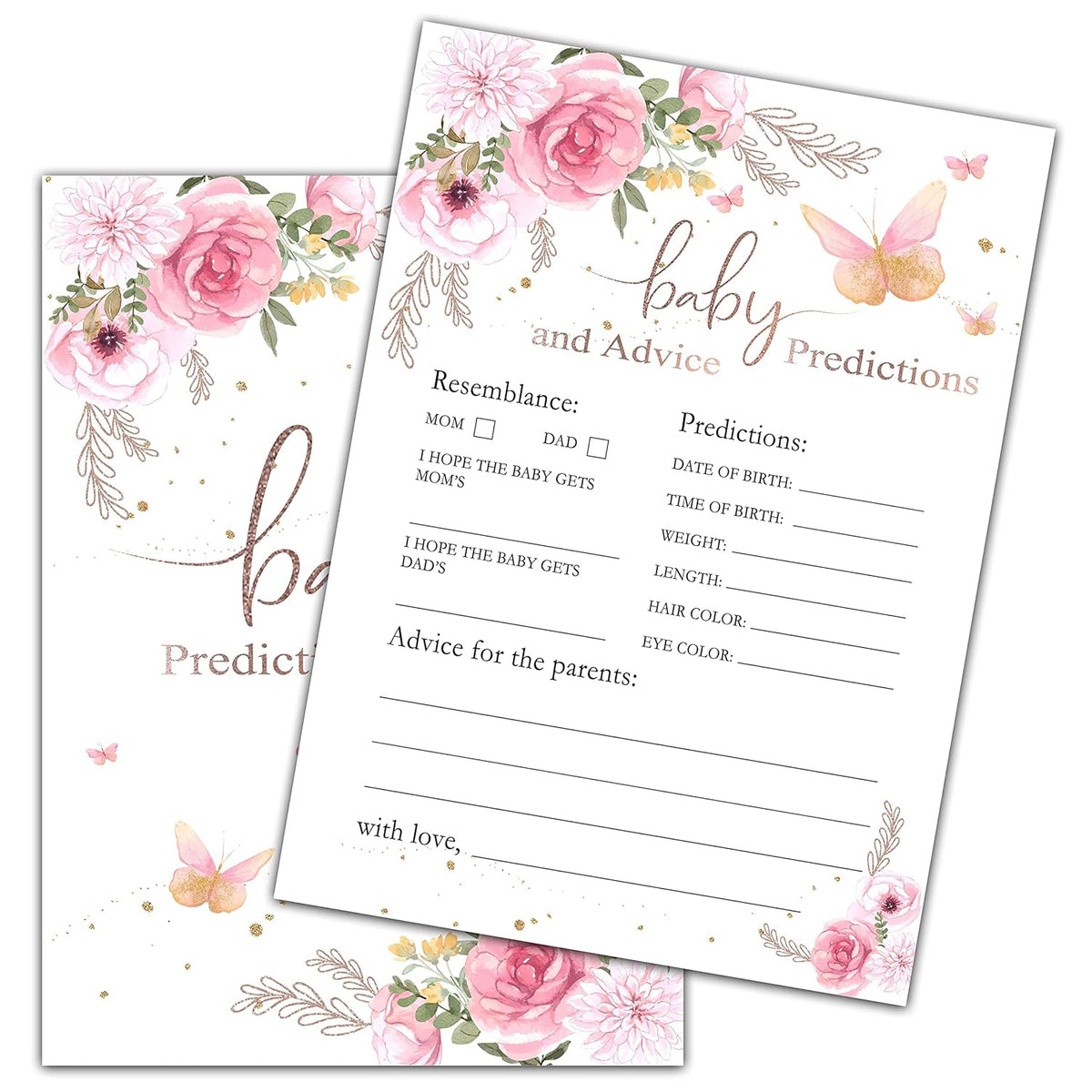 Butterfly Baby Shower Game, Baby Predictions And Advice Cards Party Game, Blush Pink Floral Theme Gender Reveal Party Games, Baby Shower Party Activities & Decorations -30 Game Cards(02)