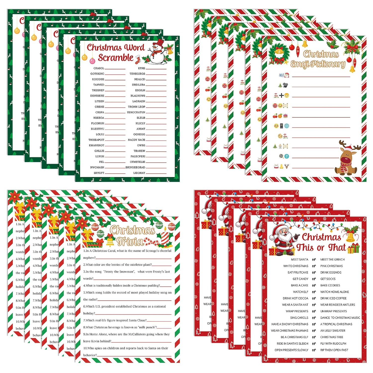 54 Pcs Christmas Party Games Card Set Merry Christmas Trivia Party Game Xmas Holiday Word Scramble Pictionary This Or That Paper Cards For Family Adults Large Group Activities Supplies With Answer Key