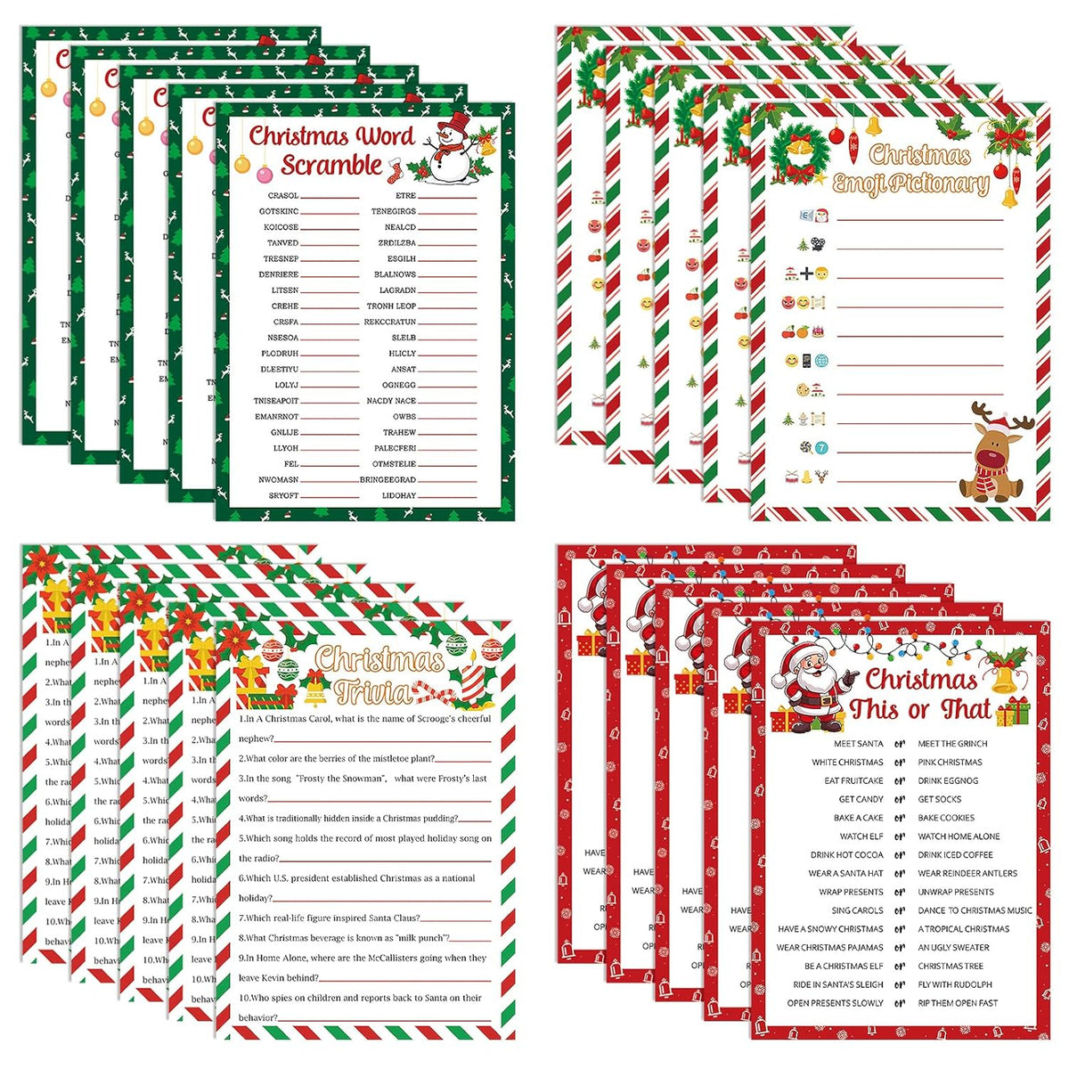 54 Pcs Christmas Party Games Card Set Merry Christmas Trivia Party Game Xmas Holiday Word Scramble Pictionary This Or That Paper Cards For Family Adults Large Group Activities Supplies With Answer Key