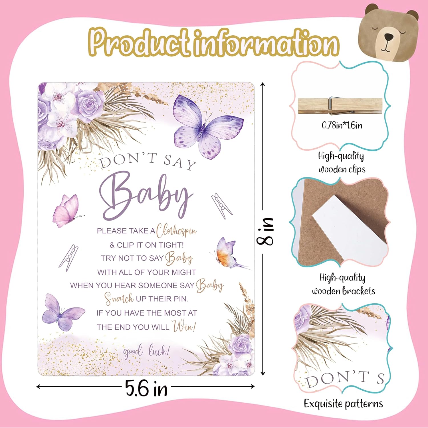 Baby Shower Sign, Don'T Say Baby Baby Shower Game, For Purple Butterfly Baby Shower Decorations, Neutral Baby Shower Decor, Mini Clothespins For Baby Shower, 1 Wooden Sign & 50 Mini Clothespins Set-3