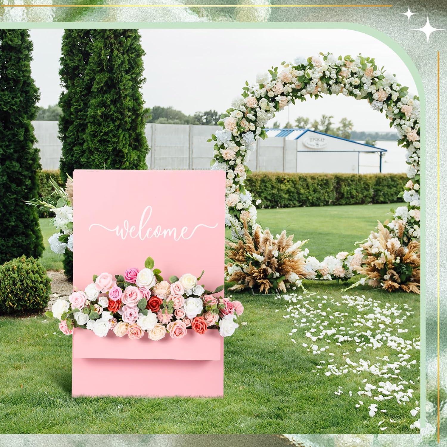 Wedding Flowers For Wedding Welcome Box Sign Artificial Flowers Decorations With Base For Reception Bridal Shower Party Ceremony Backdrop Outdoor Table Centerpieces(Pink)