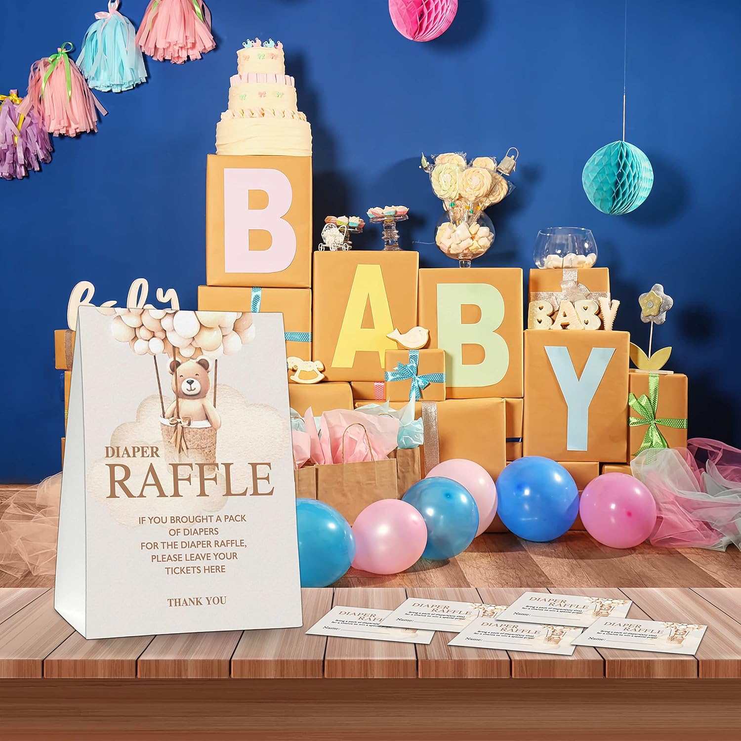 Diaper Raffle Party Games, Boho Bear Balloon Baby Shower Game, Watercolor Brown Themed Baby Gender Reveal Party Supplies & Activities -1 Double Sided Standing Sign + 50 Guessing Cards (A11)