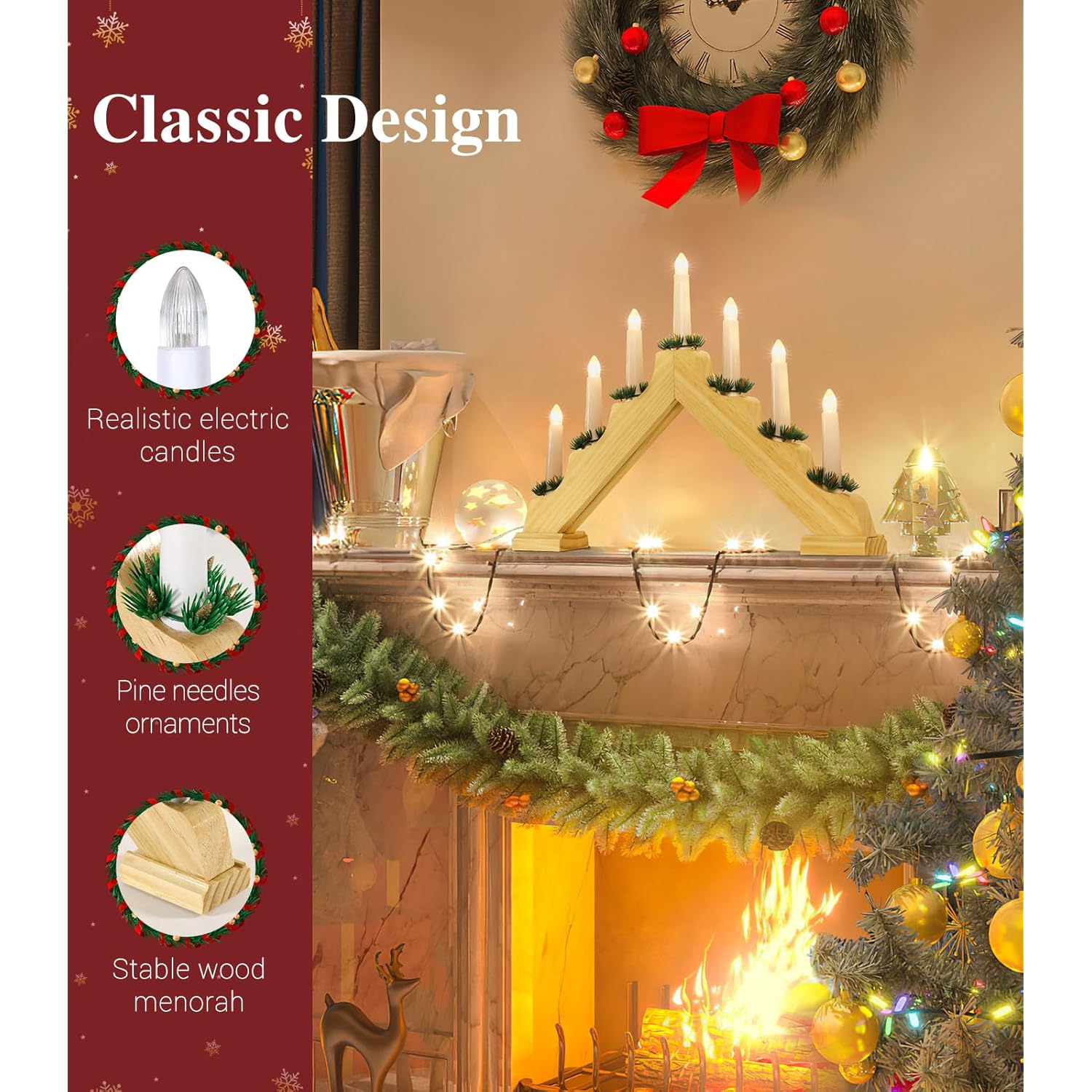 Christmas Swedish Candelabra, Electric Candles With 7 Flameless Taper Candles, Usb Powered Wooden Candle Bridge Light With Pine Needles, Decorative Xmas Candle Lights For Windows Wedding, Wood