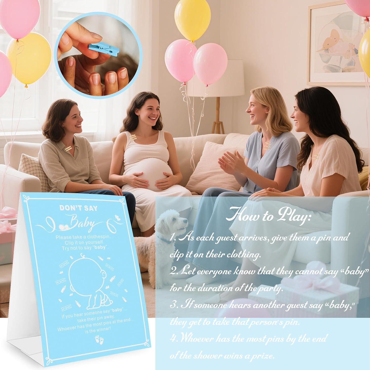Don'T Say Baby Game, Gender Neutral Baby Shower Games Supplies For Boys Girls, No Prep Needed Party Games For Parents-To-Be, 50 Mini Clothespins & Rule Sign Card, Blue
