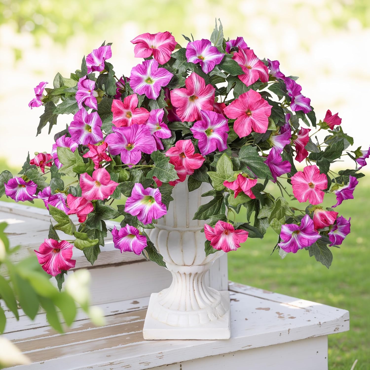 Artificial Flowers For Outdoors 2Pcs Spring Faux Morning Glory Look Real Silk Flowers For Outside Planter Uv Resistant Fake Flowers For Home Garden Balcony Yard Porch Deco