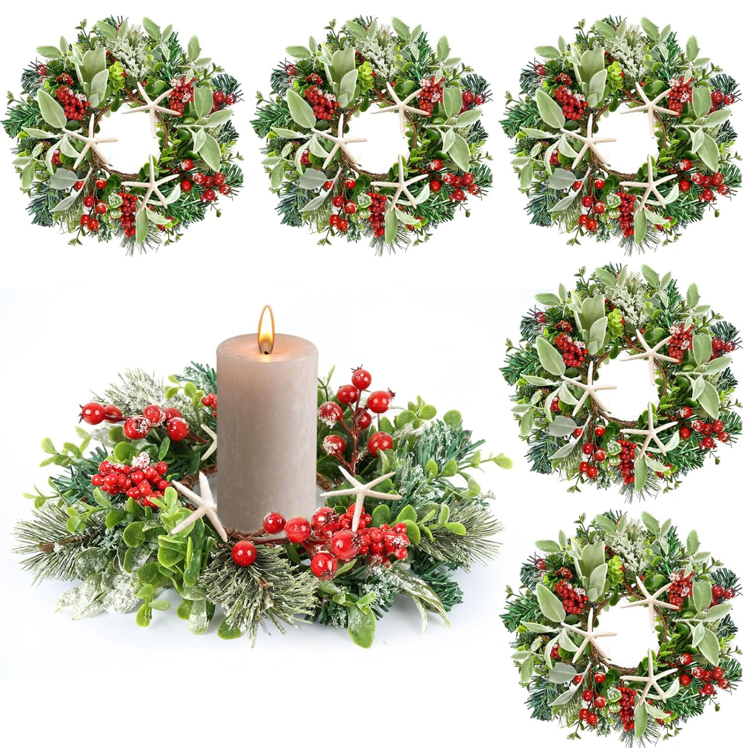 6 Pcs Natural Starfish Mini Christmas Candle Ring Wreaths Sea Star Fish Artificial Small Pillar Holder Wreaths For Cabinet Window Home Chair Front Door Farmhouse Wall Porch Beach Decoration