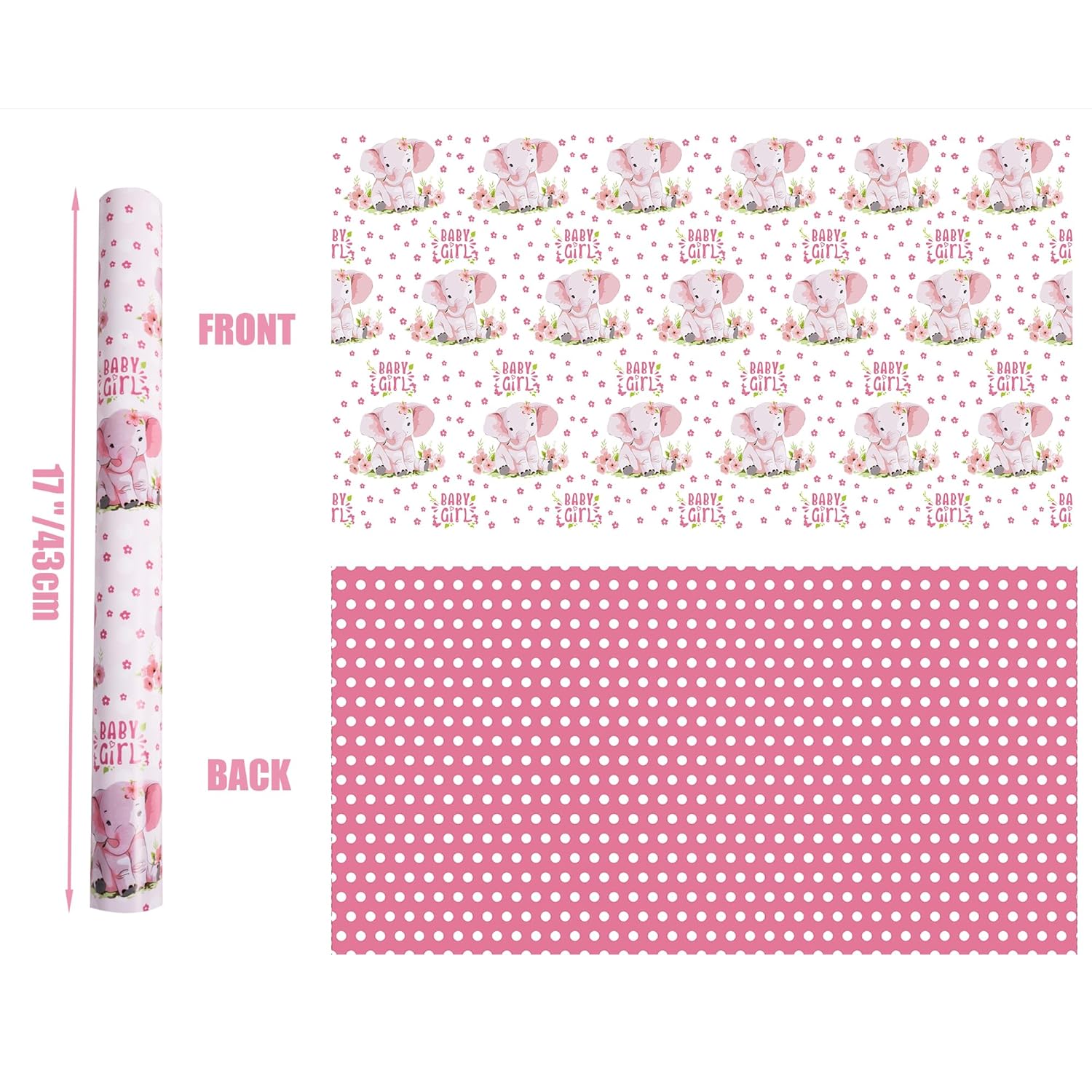 Reversible Baby Girl Wrapping Paper For Kids Girls - Pink Elephant Truck & Polka Dot - Cute Animals Patterns For Birthday Baby Shower New Baby Party Decoration (Pink, 17 Inch X 33 Feet)