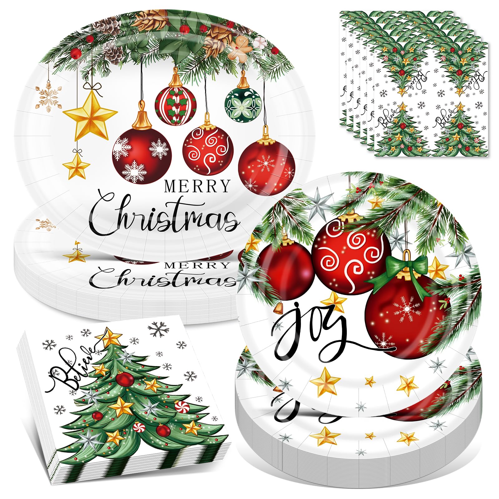 100PCS Christmas Paper Plates and Napkins Set- (25 Guests)