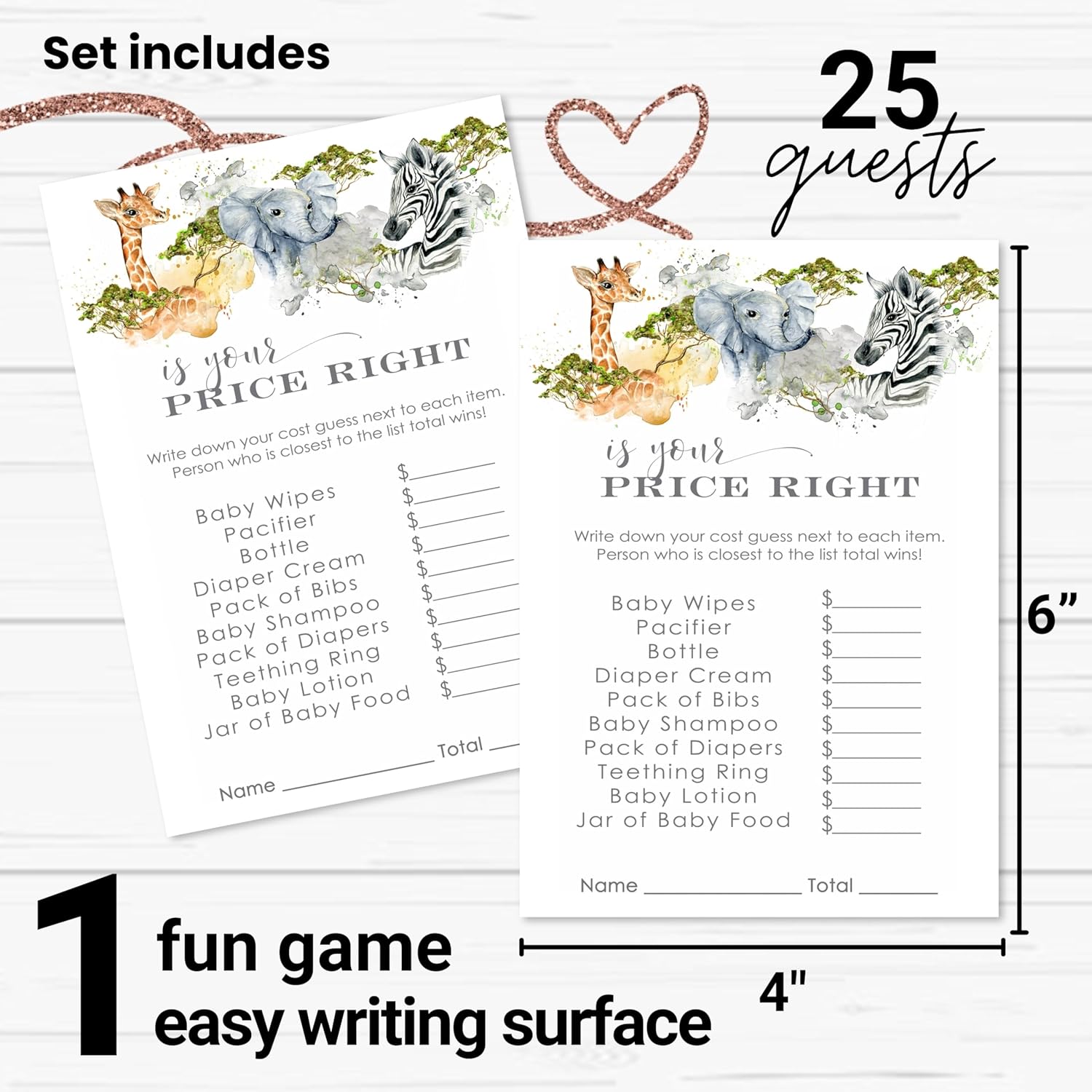 Jungle Guess The Price Baby Shower Games - 25 Cards - Elephant Themed Neutral Baby Shower Game Ideas - Gender Reveal Activities For Boys Or Girls - 4X6 Set