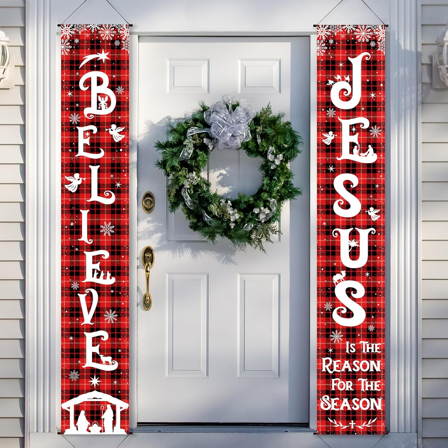 Christmas Front Porch Banners Winter Religious Nativity Scene Sign Holiday Hanging Banner Xmas Decoration For Front Door Believe Jesus Is The Reason For The Season 12 X 71 Inch