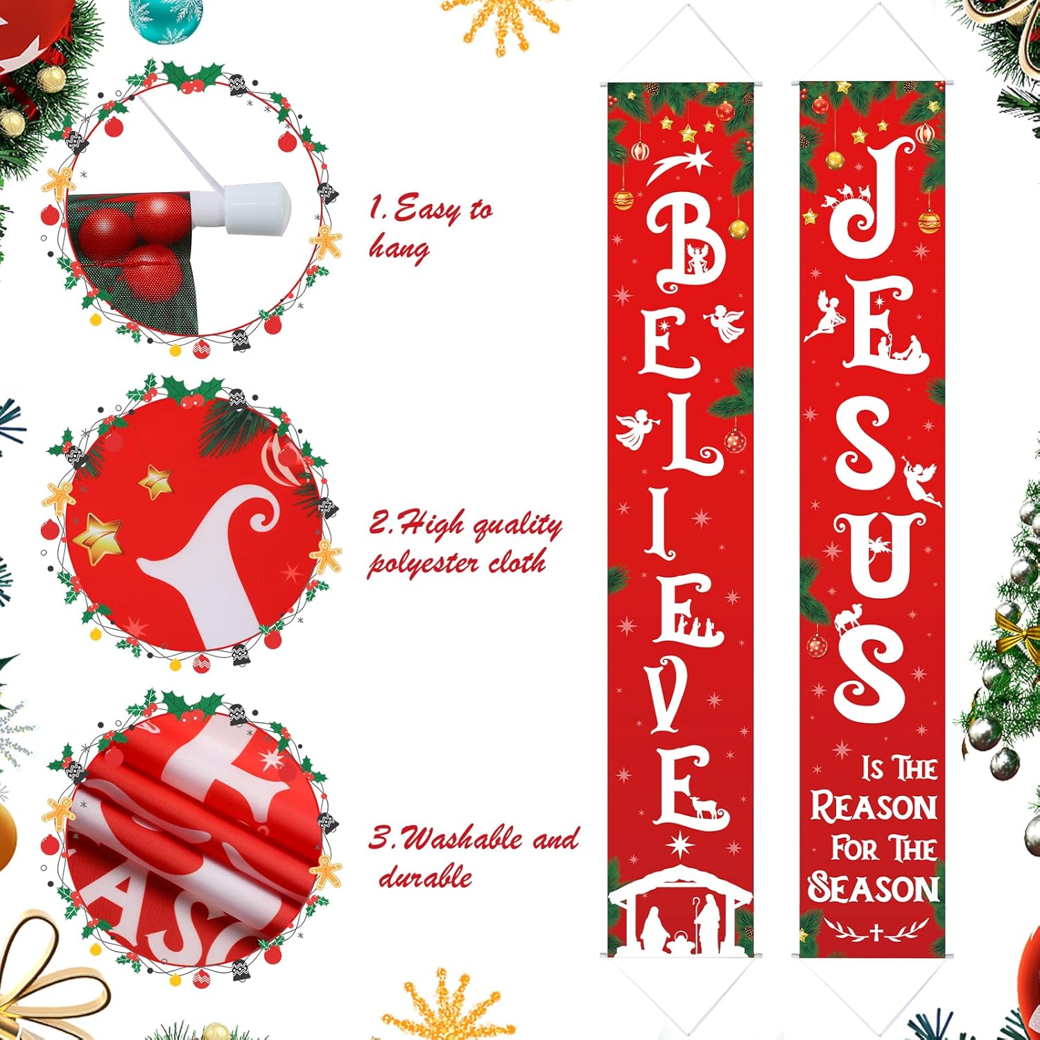 Christmas Front Porch Banners Religious Nativity Scene Sign New Year Hanging Banner Believe Jesus Is The Reason For The Season Xmas Decor For Front Door Winter Holiday Wall Decor, 12 X 71 Inch