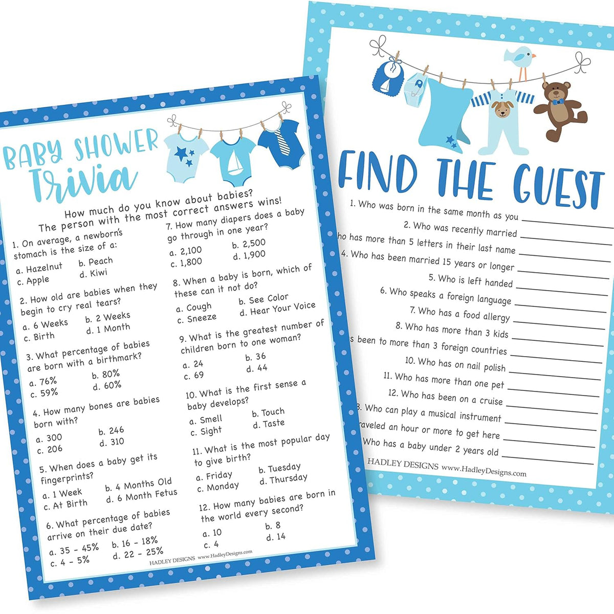 Baby Shower Games For 25 Guests - Blue Clothesline Boy Baby Shower Trivia Game, Find The Guest Babyshower Game Boy, Gender Reveal Trivia Games, Made In Usa