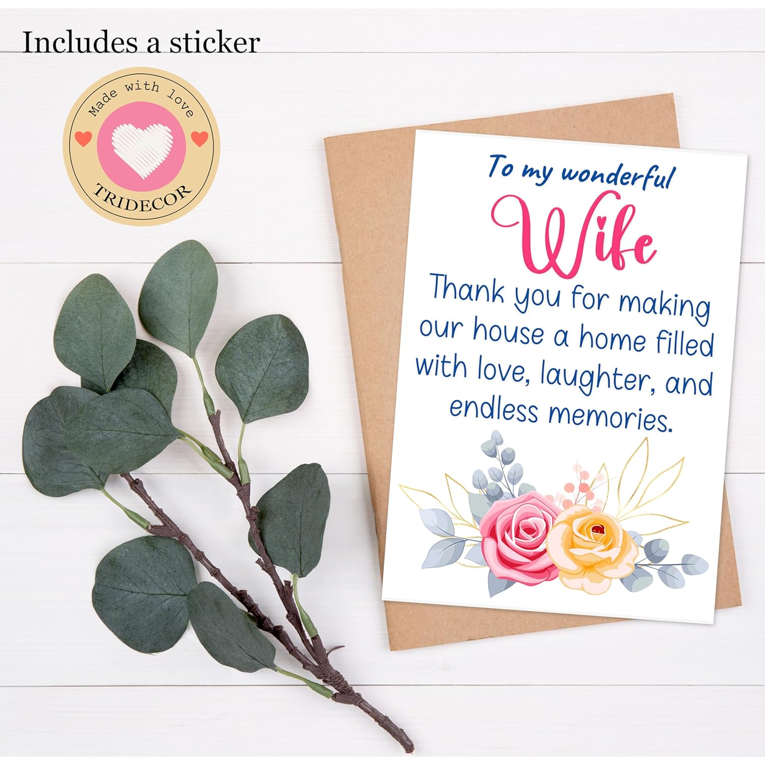 Mothers Day Card For Wife From Husband - 5X7 Inch Folded Card Include Envelope, Sticker - Blank Inside - Sweet, Unique & Romantic Gift, Embossed