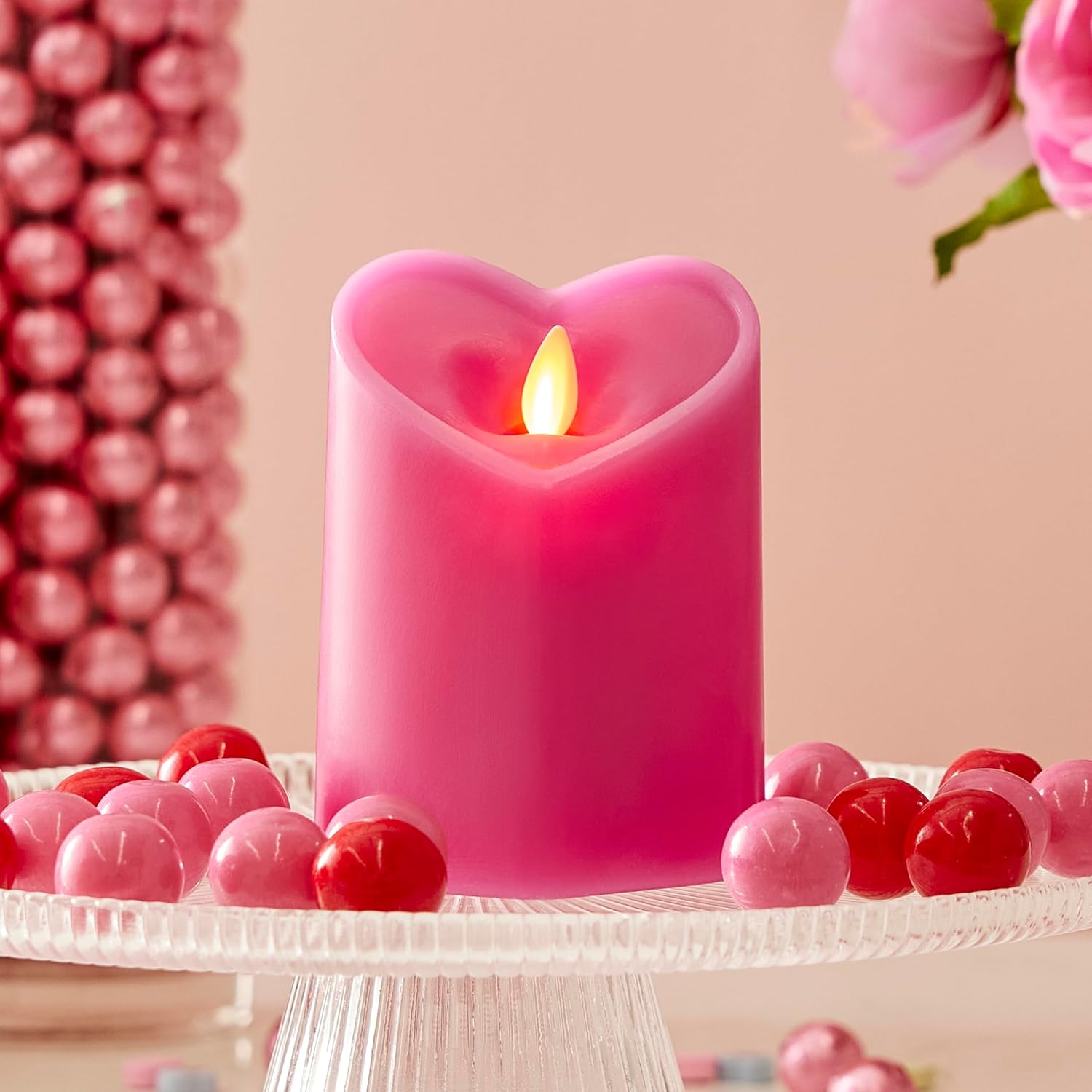 Raspberry Sorbet Heart Shaped Pillar Candle - Flickering Real-Flame Technology - Remote Ready - Romantic Valentine'S Collection - 3.5" X4.5"
