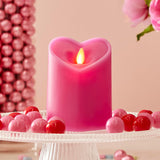 Raspberry Sorbet Heart Shaped Pillar Candle - Flickering Real-Flame Technology - Remote Ready - Romantic Valentine'S Collection - 3.5" X4.5"