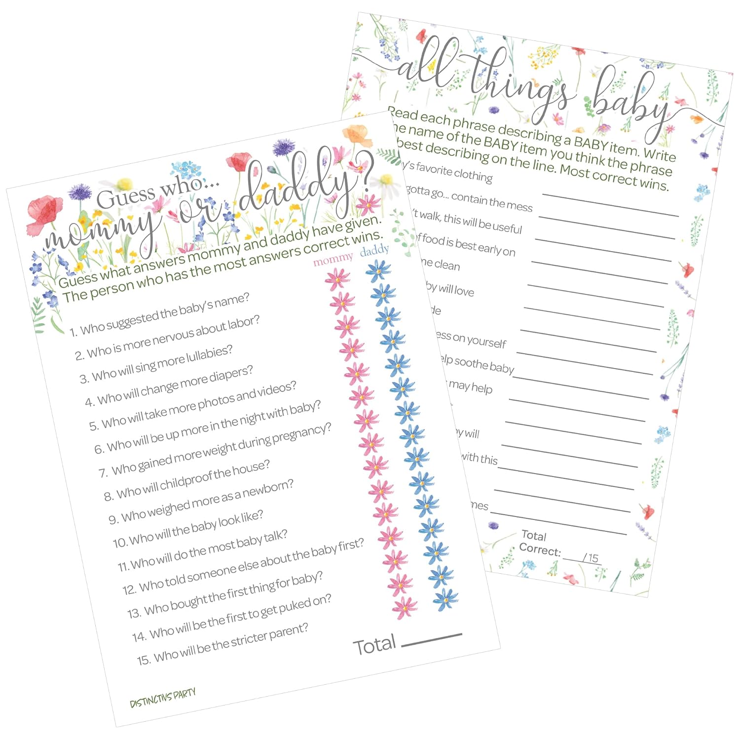 Little Wildflower Baby Shower Games - Guess Who Mommy Or Daddy And All Things Trivia - 20 Dual Sided Cards, Baby In Bloom 2 Game Bundle