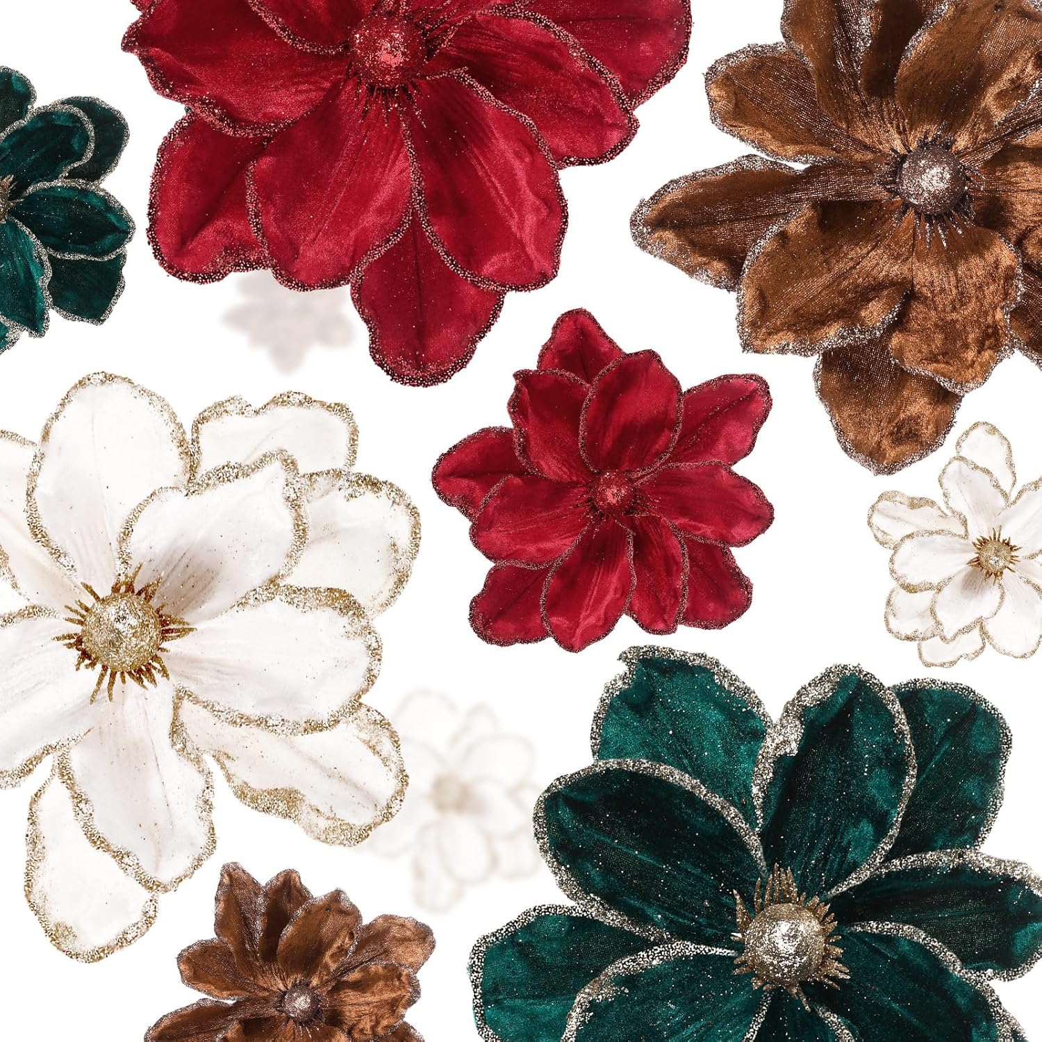 24 Pcs Christmas Velvet Magnolia Flowers Large Artificial Poinsettia Flower Picks 8'' Christmas Glitter Magnolia Floral Picks Stems For Xmas Tree Party (Burgundy Brown Green Cream White)