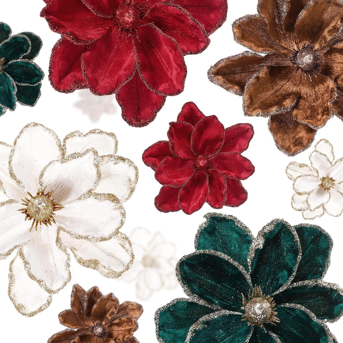 24 Pcs Christmas Velvet Magnolia Flowers Large Artificial Poinsettia Flower Picks 8'' Christmas Glitter Magnolia Floral Picks Stems For Xmas Tree Party (Burgundy Brown Green Cream White)