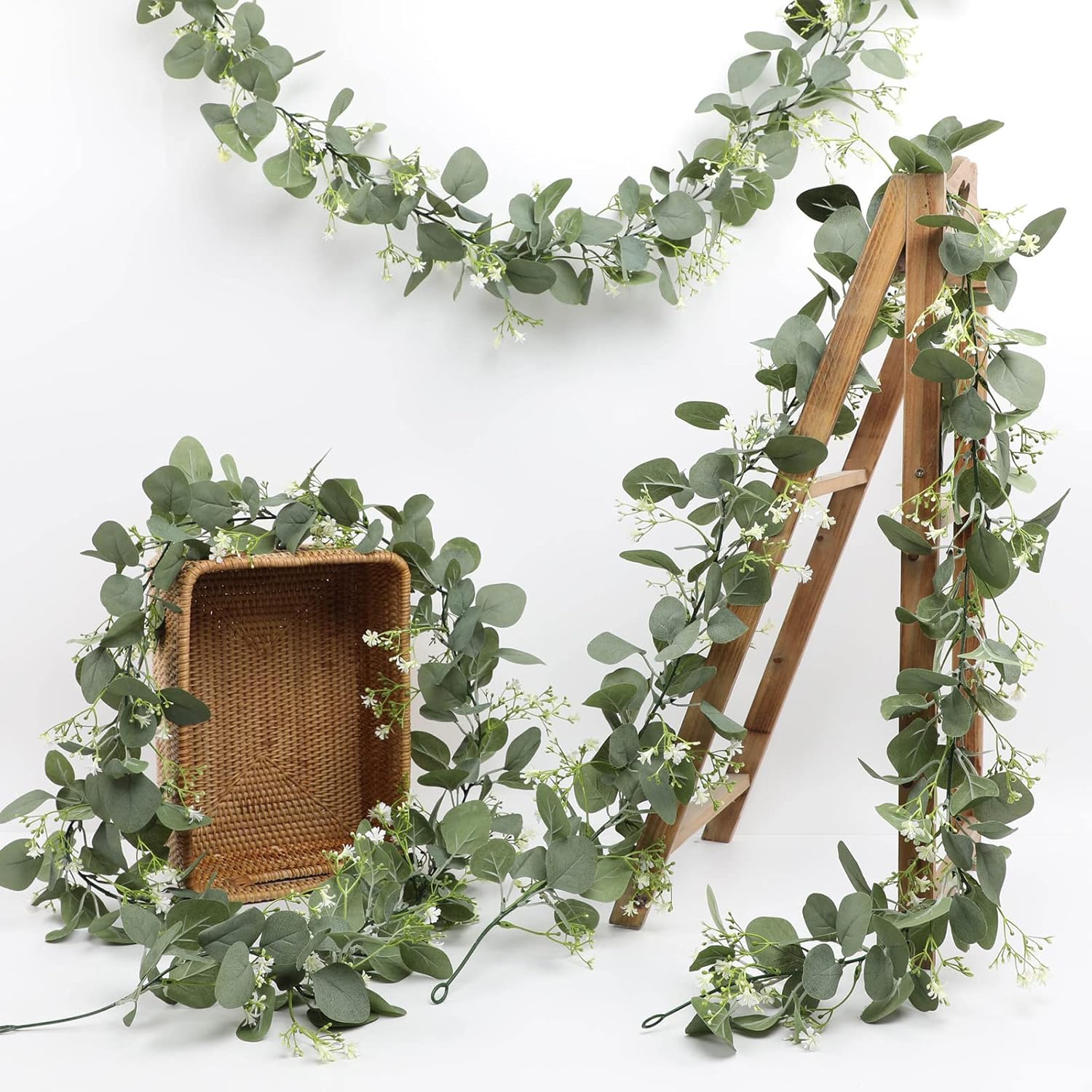 Gypsophila Artificial Eucalyptus Garland 2 Pack, 5.8Ft Faux Baby Breath Flowers Vine, Real Touch Hanging Flower Decor For Wedding Arch Party (White)