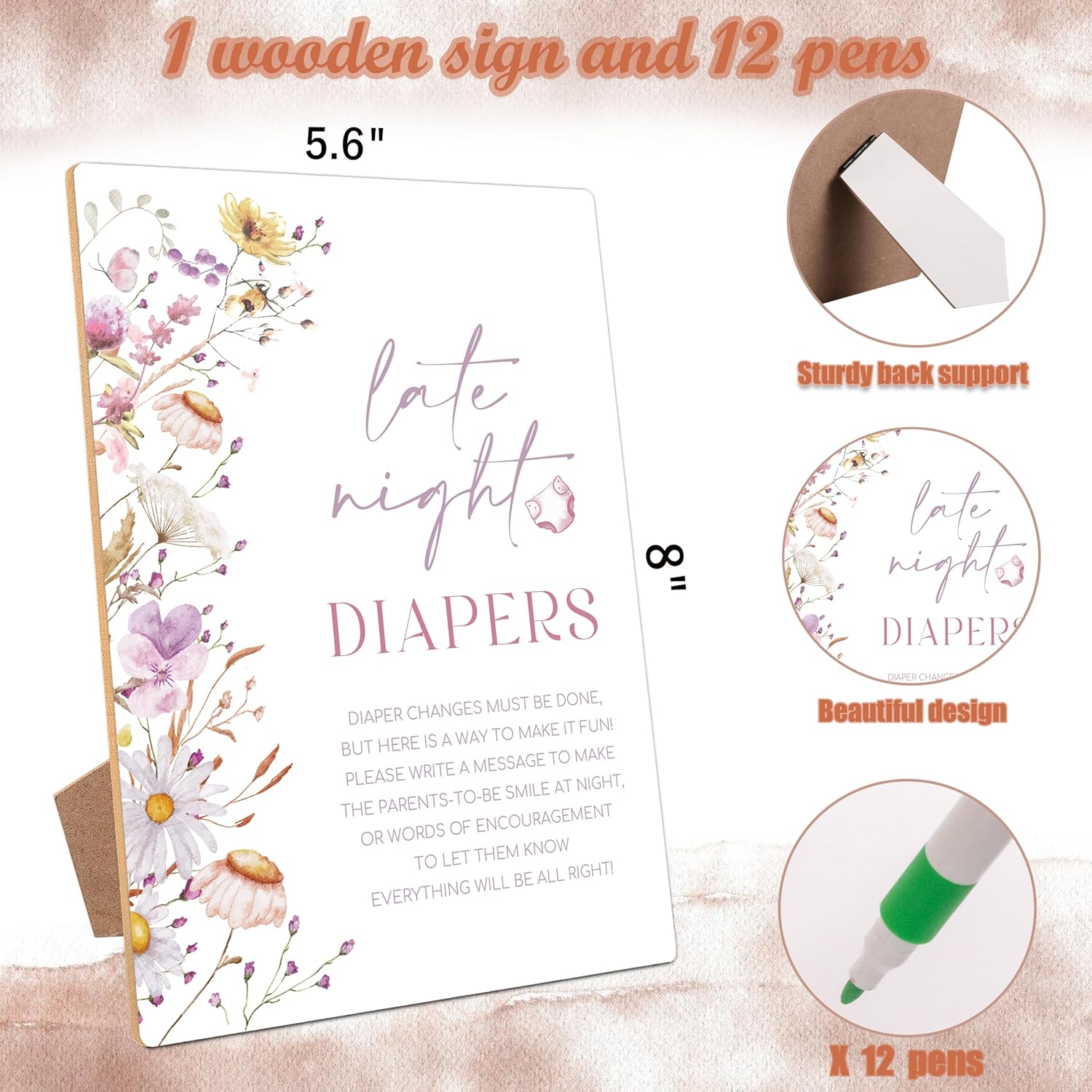 13 Pcs Late Night Diapers Baby Shower Games, Include Wood Sign And 12 Pens, Gender Reveal Games, Baby Shower Games Table Sign, Flower Decorations, Newborn Announcement Party Decor Supplies