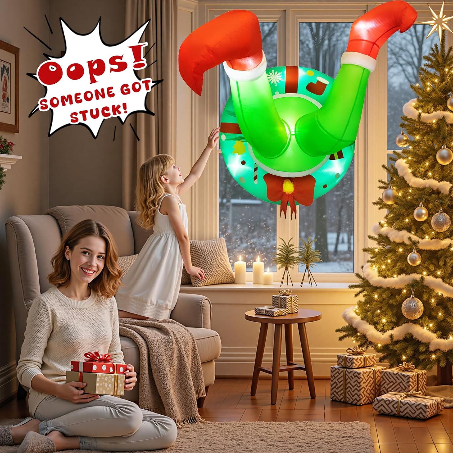 Christmas Inflatable Green Monster Stuck In Window With Led Lights, Funny Green Character Legs Christmas Decoration, Hol