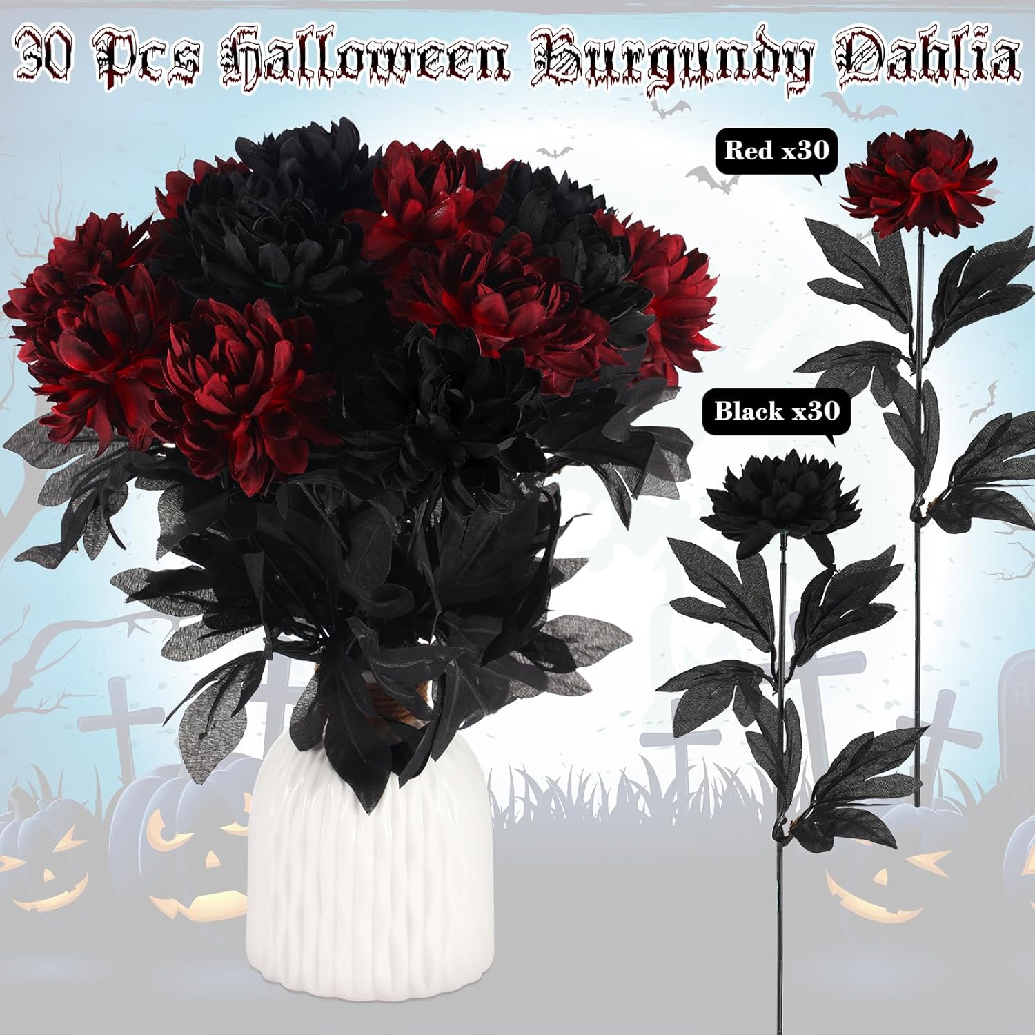 60 Pcs Burgundy Flowers Wine Red Dahlias Artificial Flowers With Stems Faux Silk Dahlia Bouquet Long Stem For Wedding Halloween Bridal Bouquet Harvest Table Centerpieces Home Decor