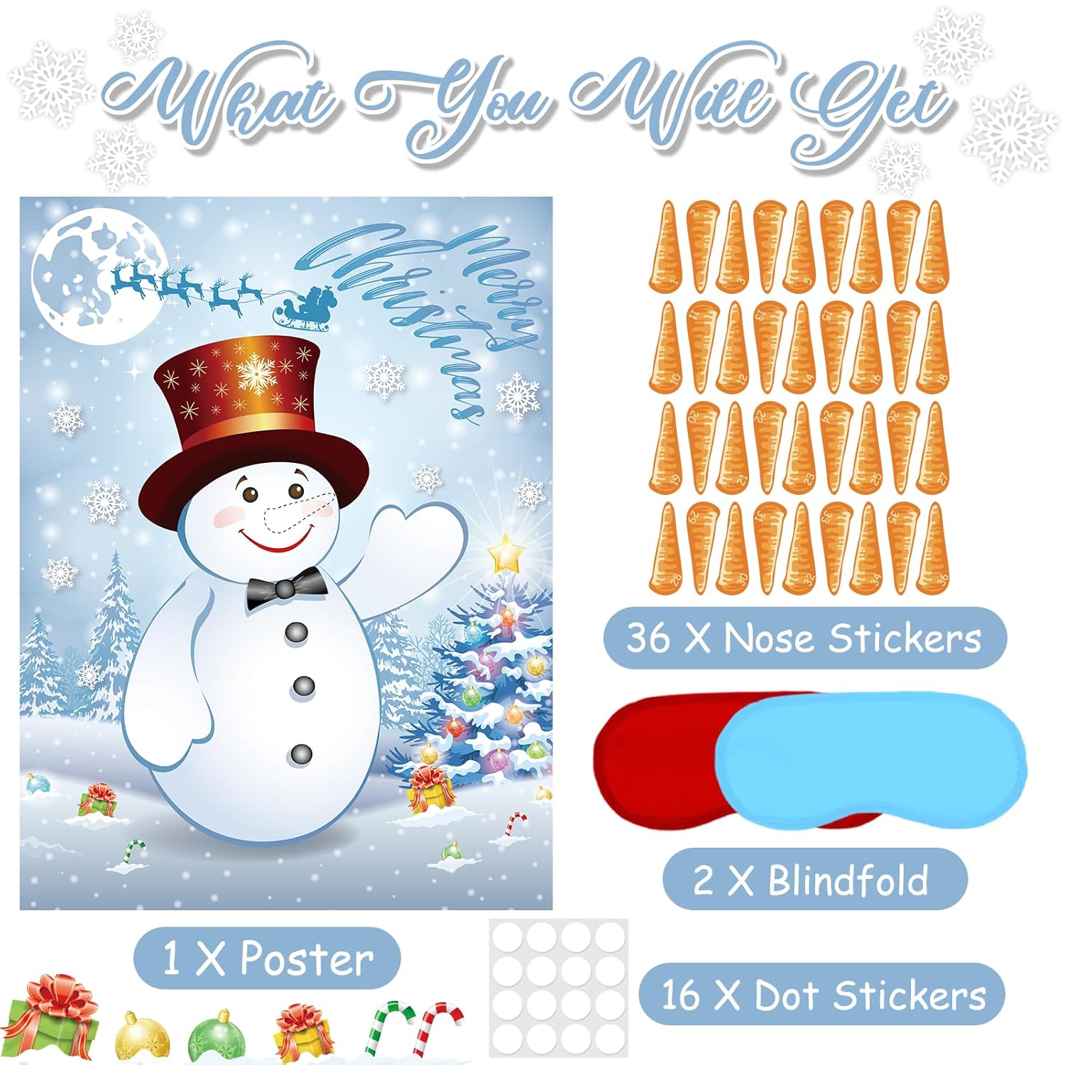 Pin The Nose On The Snowman Christmas Party Games, Christmas Party Decorations Include Large Poster With Blindfold 36Pcs Nose Stickers For Xmas Activities Holiday Party Supplies