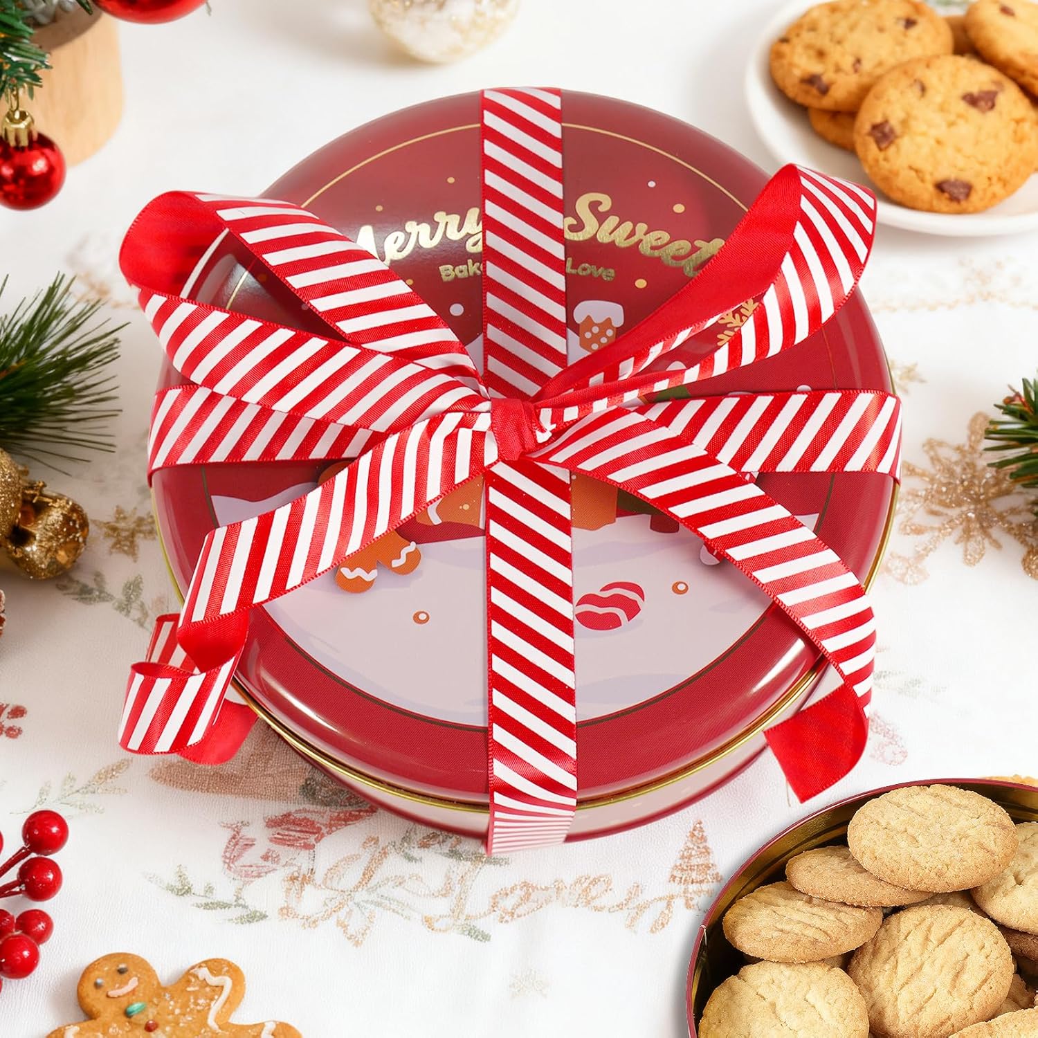 Christmas Cookie Tins With Lids – 3 Pack Holiday Cookie Containers With 16.5Ft Ribbon, Festive Round Metal Nesting Tins For Gift Giving, Baking & Treat Storage
