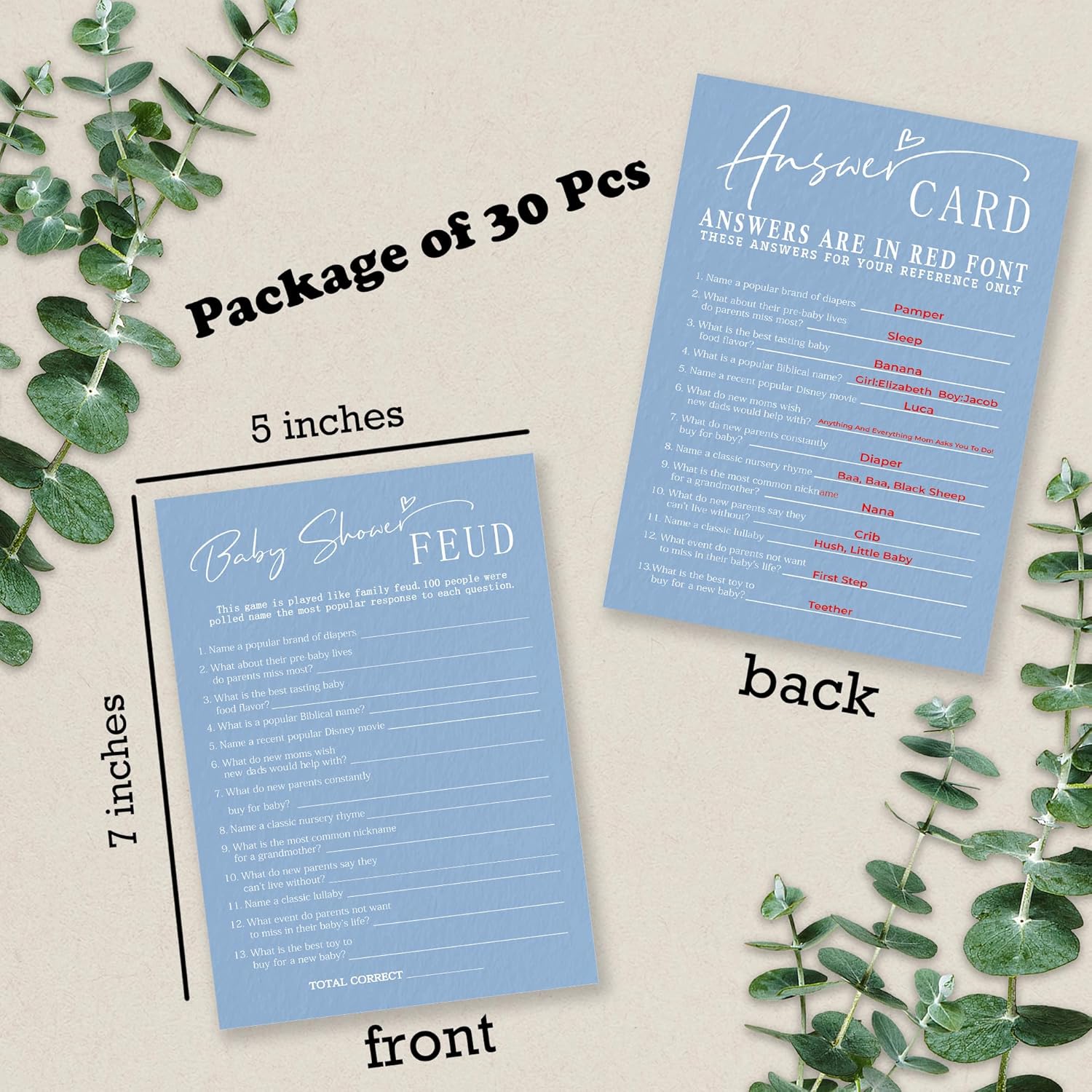 Baby Shower Feud Game Kit - Minimalism Blue - 30 Fill In Game Cards & 1 Answer Card For Baby Shower, Gender Reveal Party Favor, Decorations & Supplies - C06